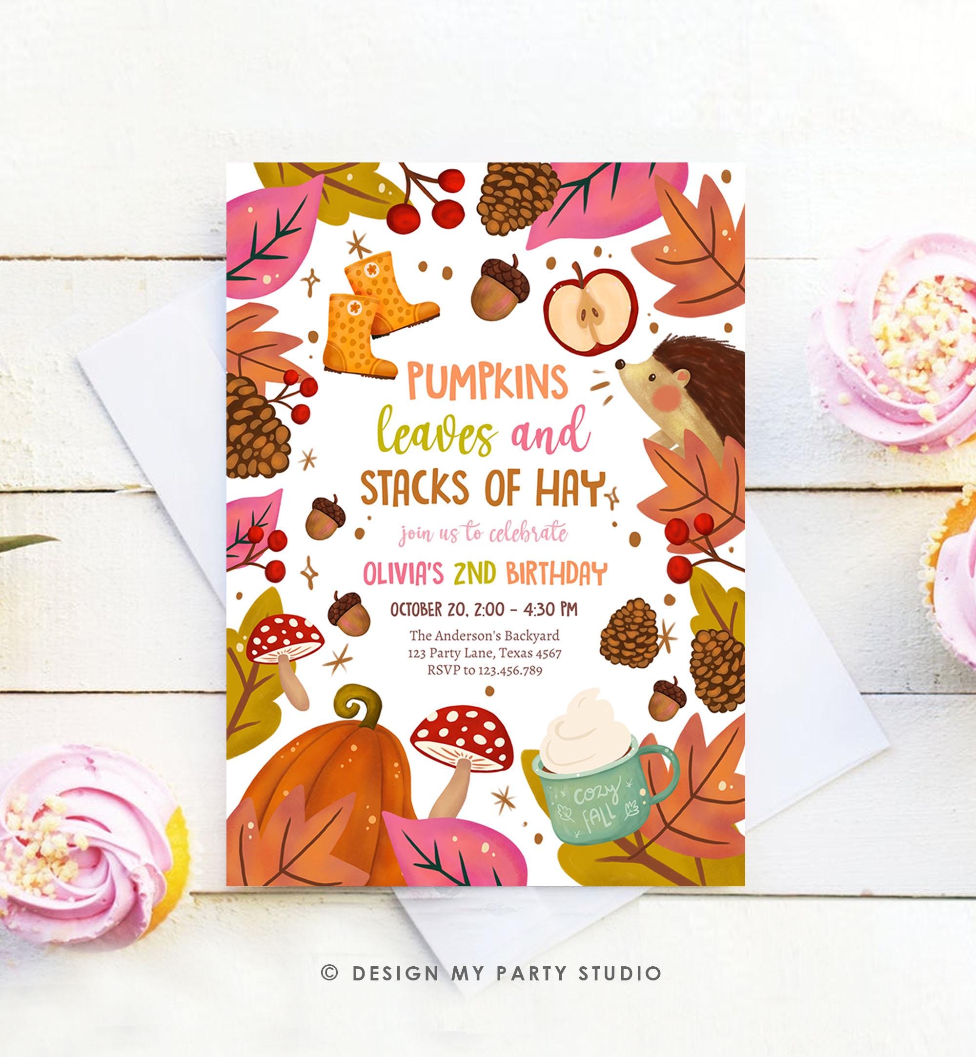 Editable Fall Birthday Invitation Little Pumpkin Patch Autumn Leaves Stacks of Hay Girl Pink Digital Download Template Evite Printable 0516