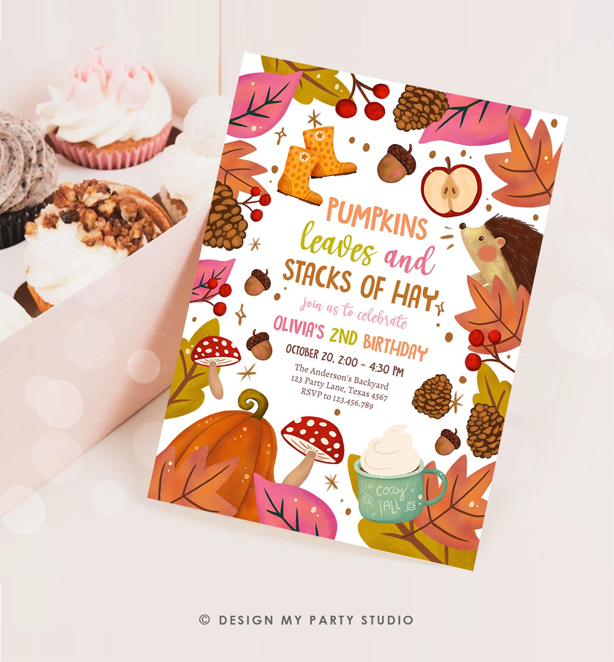 Editable Fall Birthday Invitation Little Pumpkin Patch Autumn Leaves Stacks of Hay Girl Pink Digital Download Template Evite Printable 0516