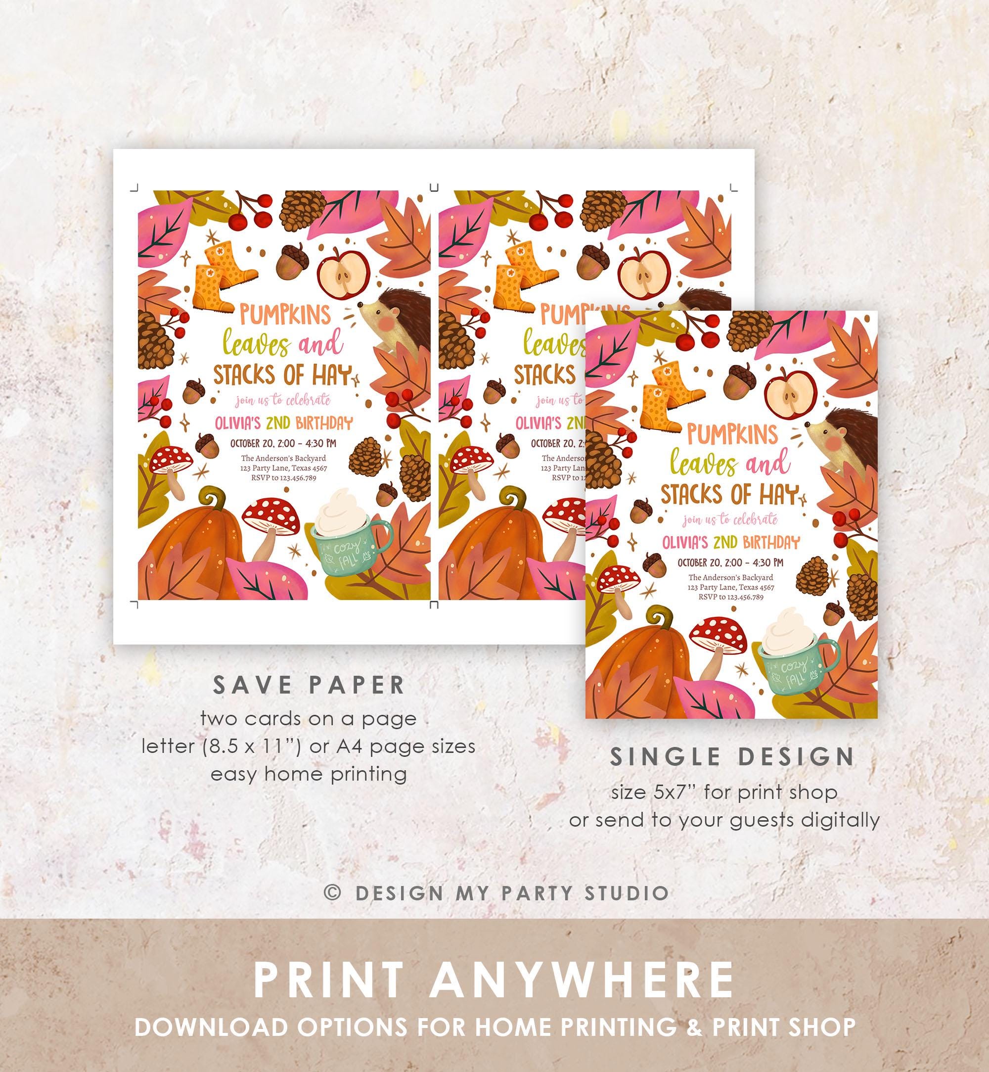 Editable Fall Birthday Invitation Little Pumpkin Patch Autumn Leaves Stacks of Hay Girl Pink Digital Download Template Evite Printable 0516