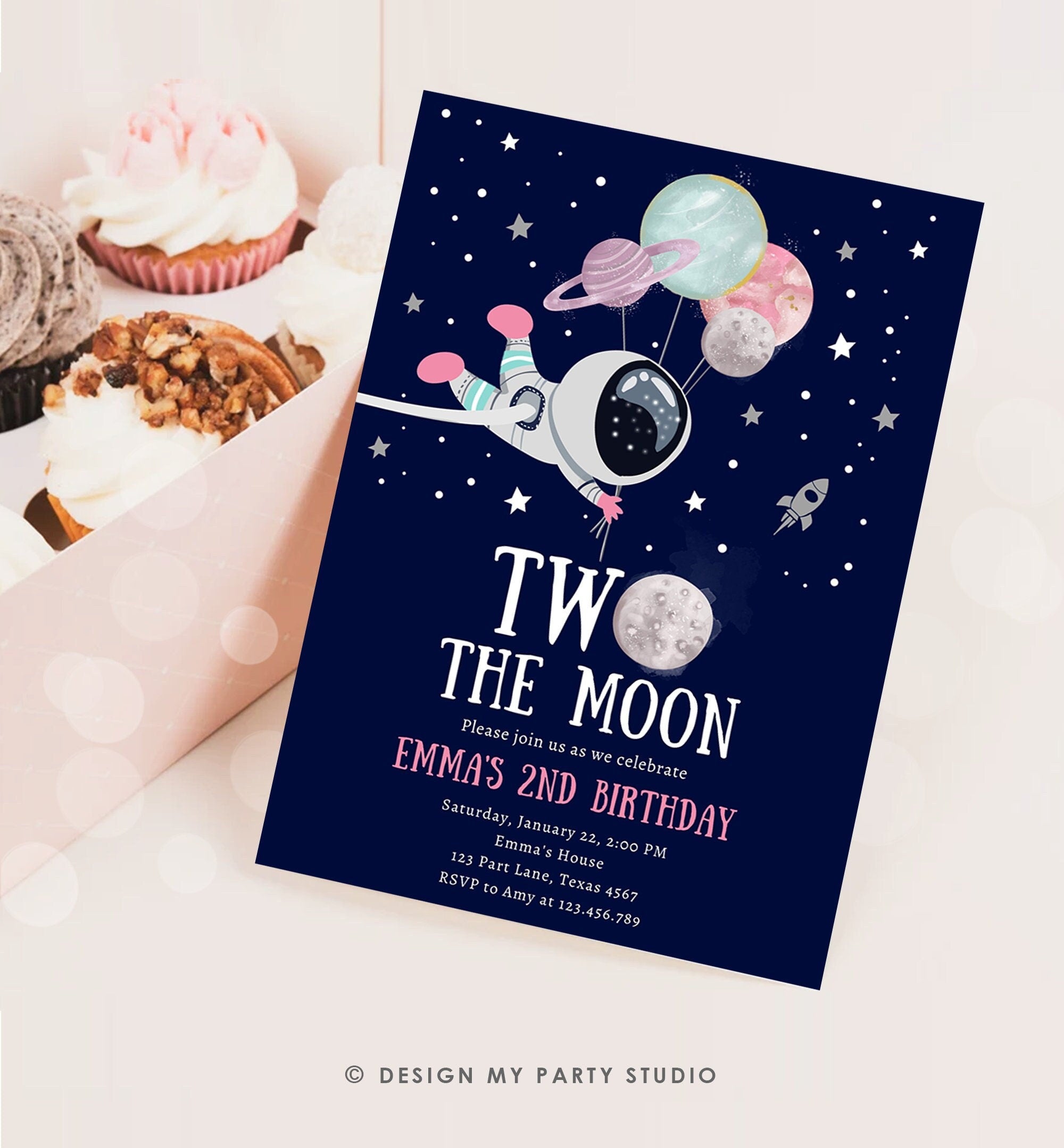 Editable Two the Moon Outer Space Birthday Invitation Out of this World Astronaut Pink Girl Second 2nd Digital Template Evite Printable 0366