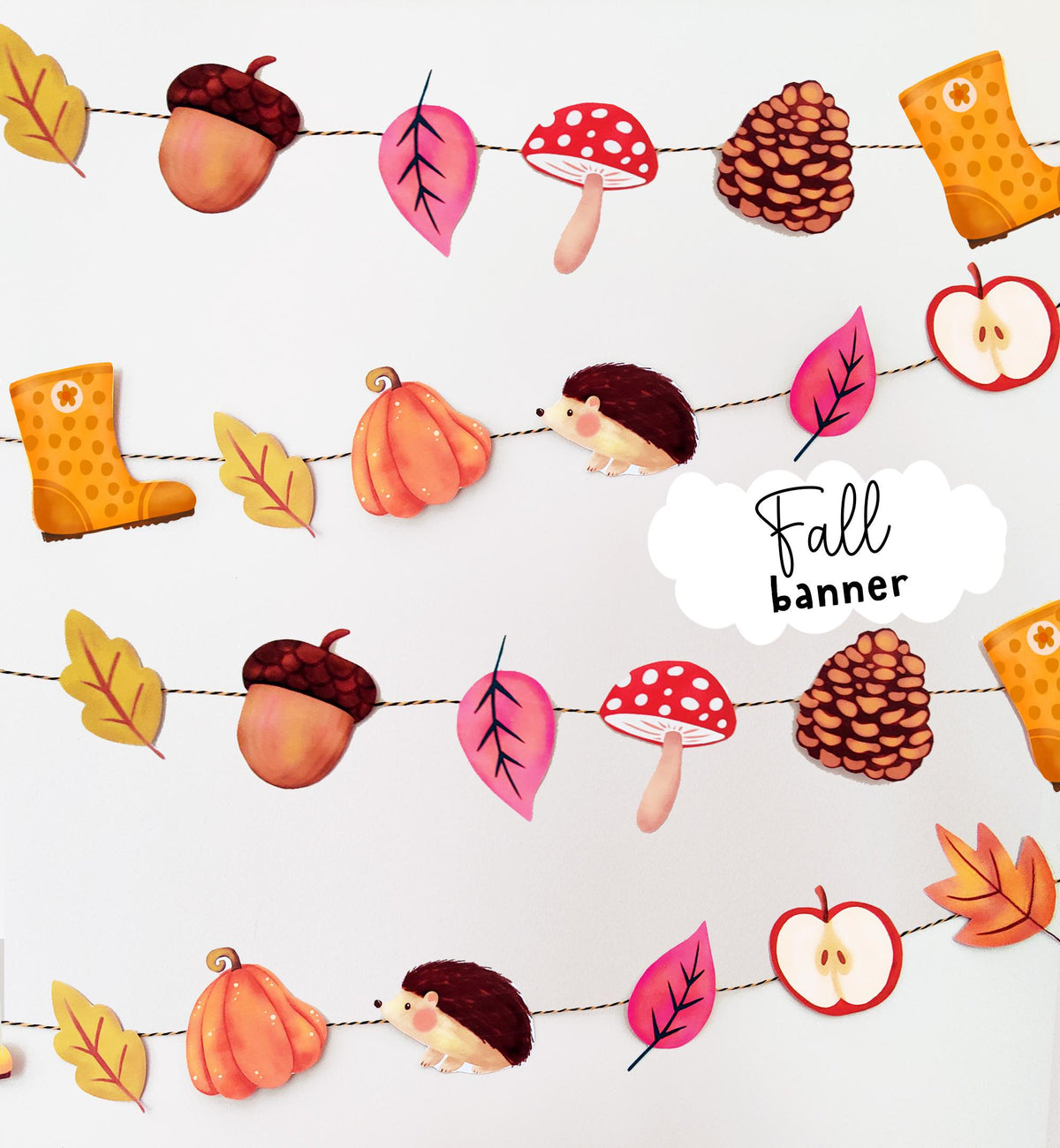 Fall Banner Autumn Banner Fall Garland Leaves Mushroom Nursery Classroom Decoration Party Decor Instant Download DIY Printable Digital 0516