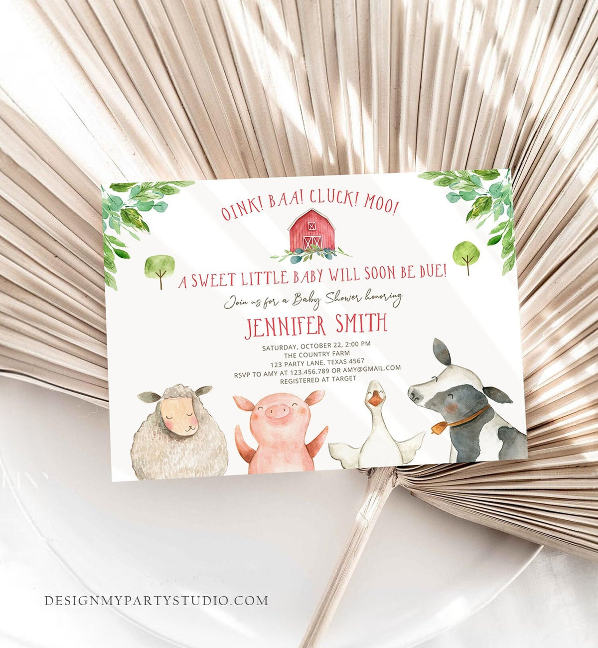 Editable Farm Animals Baby Shower Invitation Party Animals Boy Red Barn Barnyard Watercolor Digital Download Evite Template Printable 0155