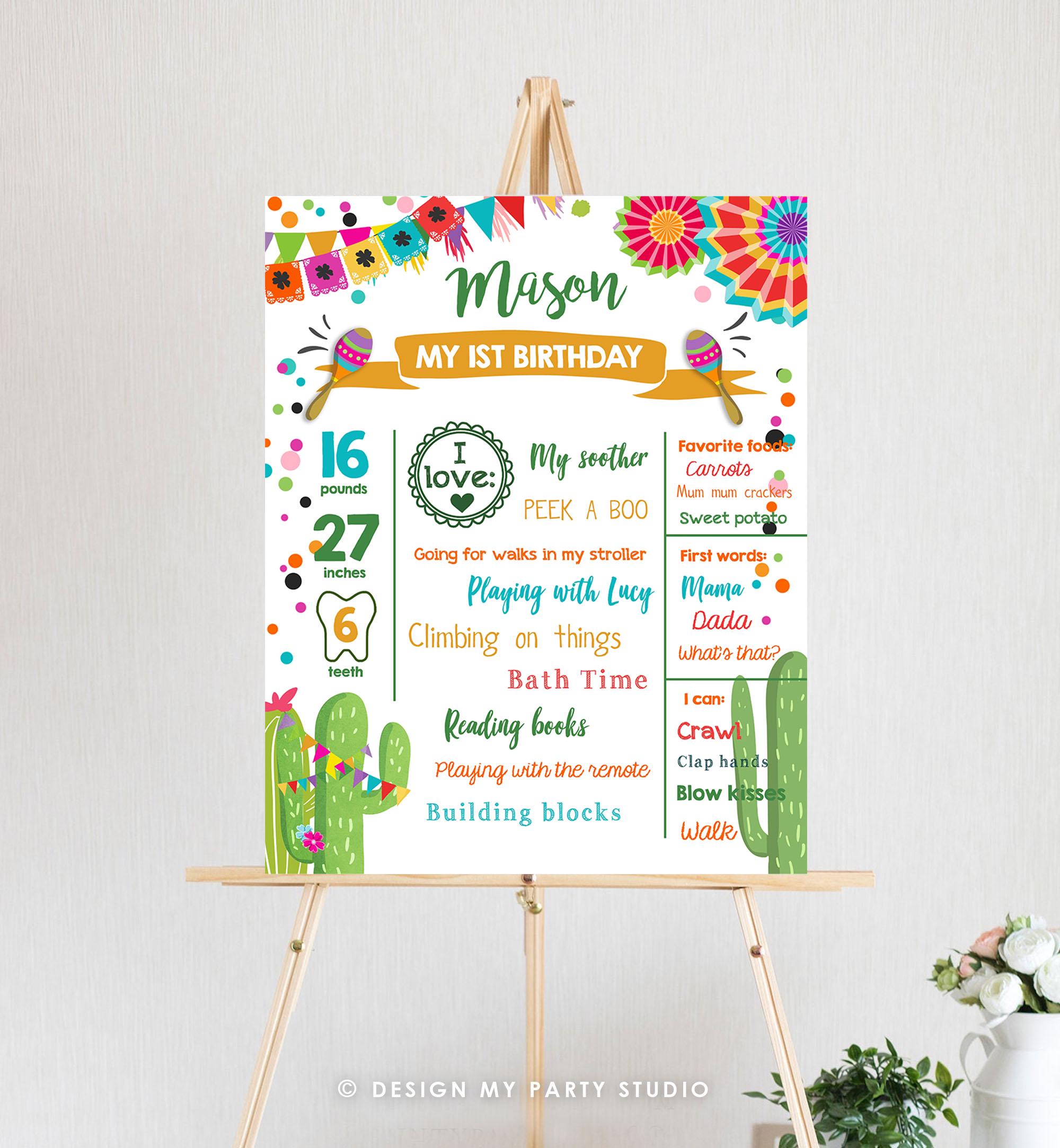 Editable First Fiesta Birthday Milestones Sign First Birthday Poster 1st Birthday Mexican Cactus Samba Chalk Corjl Template Printable 0045