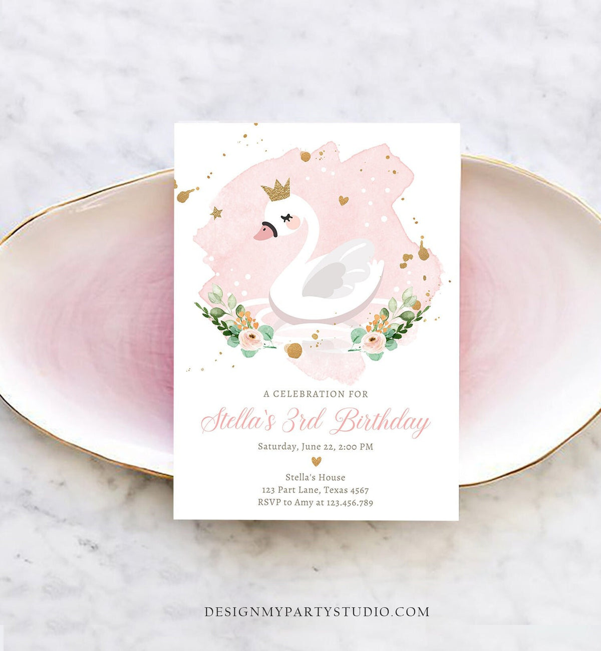 Editable Swan Birthday Invitation Girl Swan Princess Birthday Invite Pink Gold 1st 2nd 3rd Digital Download Evite Template Printable 0382