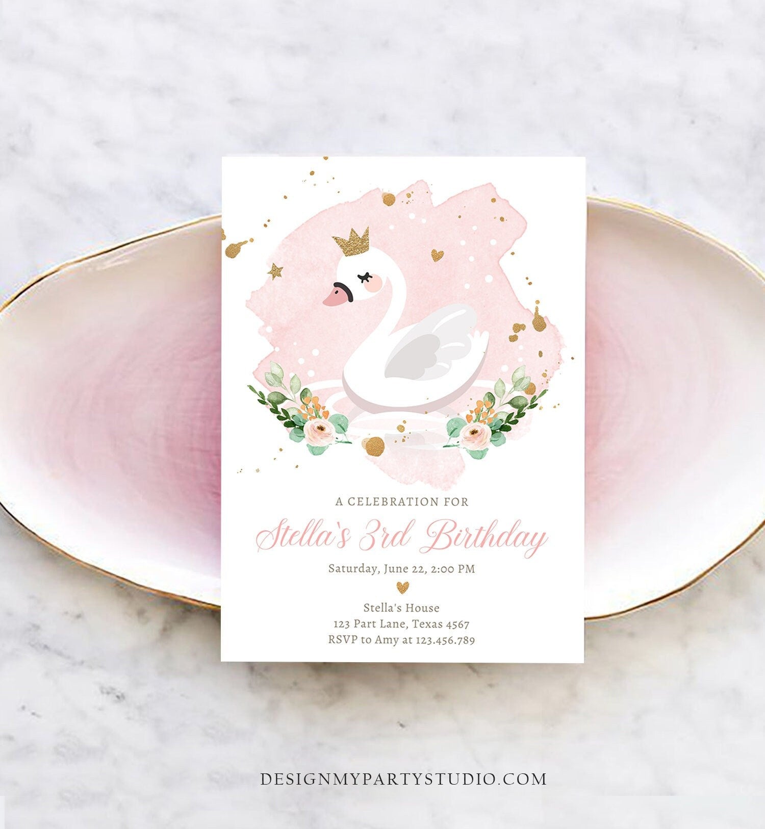 Editable Swan Birthday Invitation Girl Swan Princess Birthday Invite Pink Gold 1st 2nd 3rd Digital Download Evite Template Printable 0382