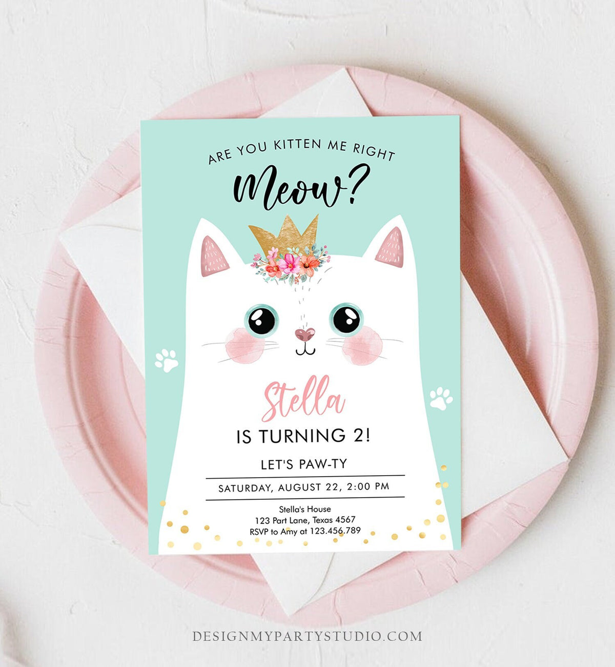 Editable Kitten Birthday Invitation Kitty Cat birthday Party Cat Invite Are You Kitten Me Teal Girl Download Digital Evite Printable 0381