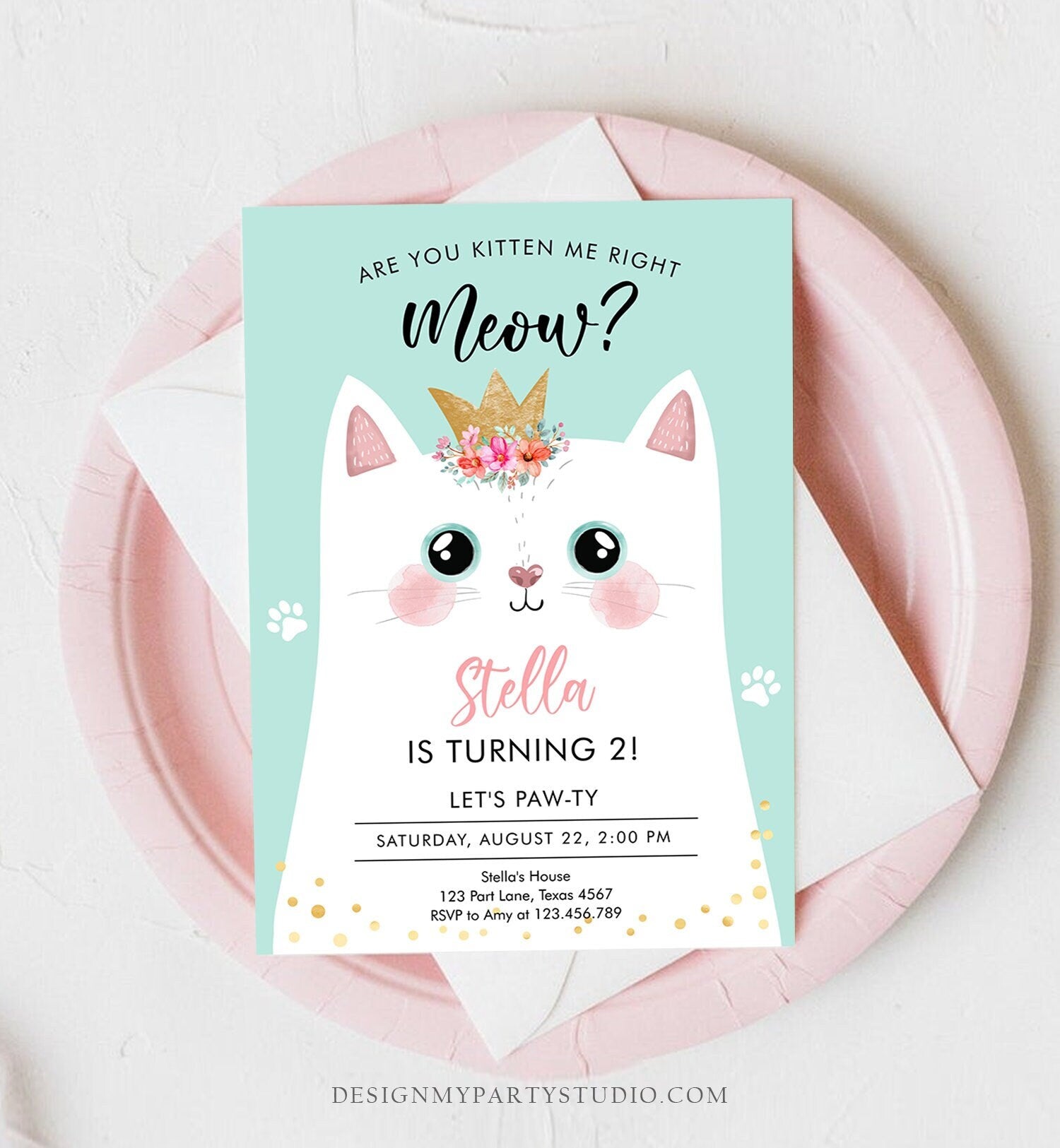 Editable Kitten Birthday Invitation Kitty Cat birthday Party Cat Invite Are You Kitten Me Teal Girl Download Digital Evite Printable 0381