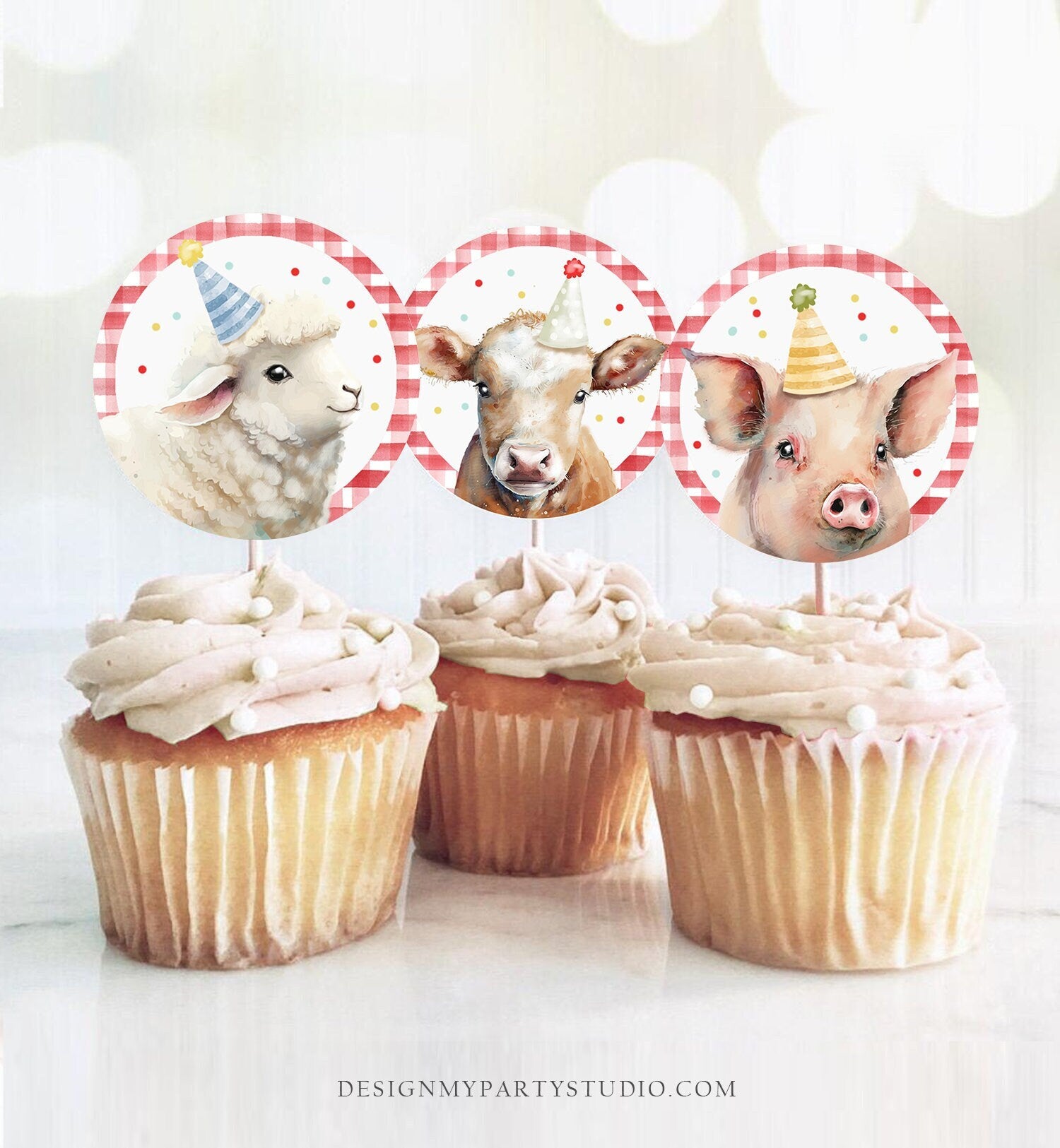 Barnyard Birthday Cupcake Toppers Favor Tags Farm Birthday Party Decoration Red Farm Animals Stickers Digital Download Printable 0448