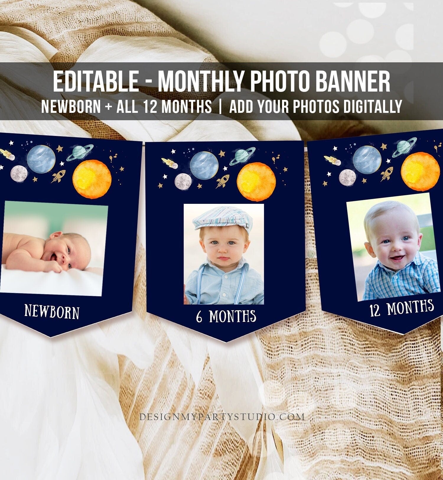 Editable Outer Space Birthday Banner Monthly Photo Banner First Trip Around the Sun Galaxy Digital Download Template Printable 0357