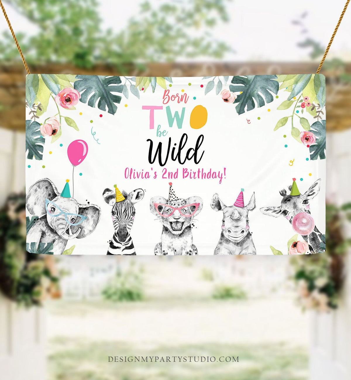 Editable Party Animals Birthday Backdrop Banner Safari Animals Girl Born Two Be Wild Welcome Sign Digital Download Template Printable 0322