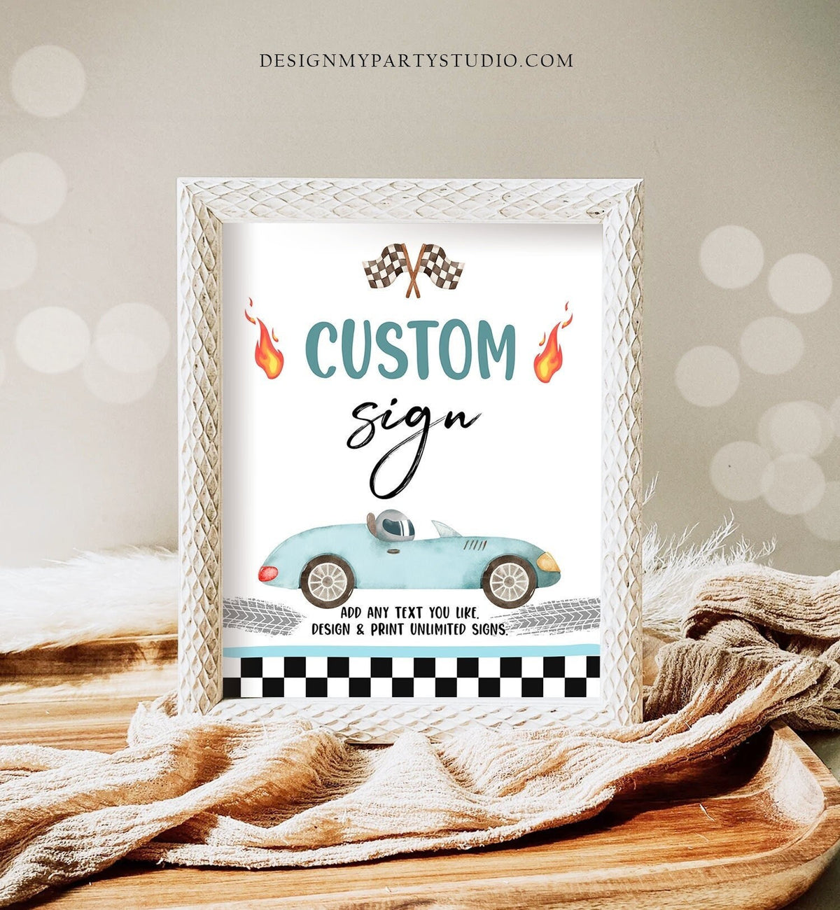 Editable Custom Sign Race Car Birthday Growing Up Two Fast 2 Racing Vintage Cars Blue Boy Party Digital Download Template Printable 0424