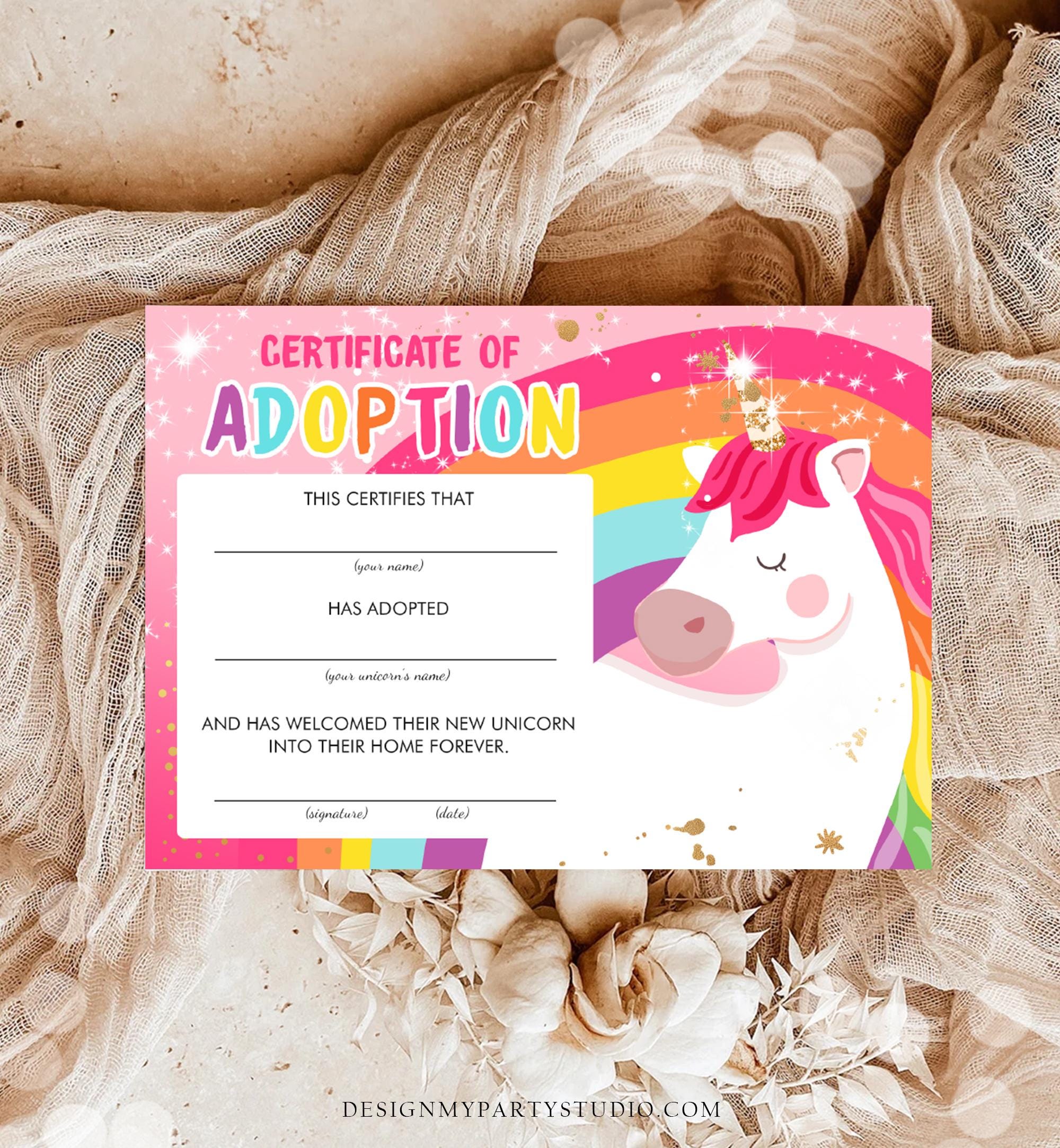 Adopt a Unicorn Certificate Unicorn Adoption Unicorn Birthday Party Magical Birthday Rainbow Girl Instant Download Digital Printable 0323