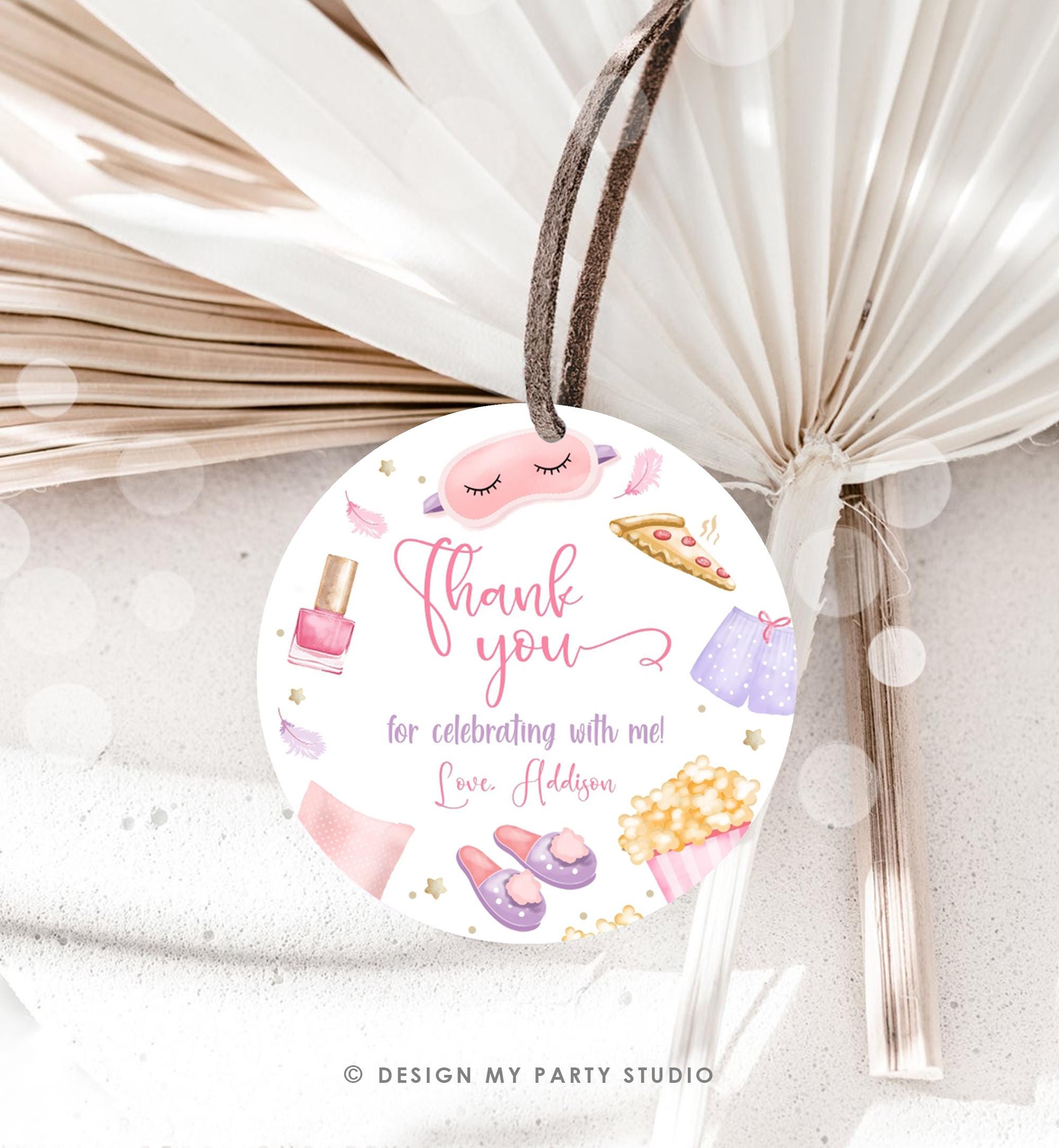 Editable Slumber Party Thank You Tag Sleepover Favor Tags Pink Girl Movie Night Teen Popcorn Pajamas Labels Digital Template Printable 0447