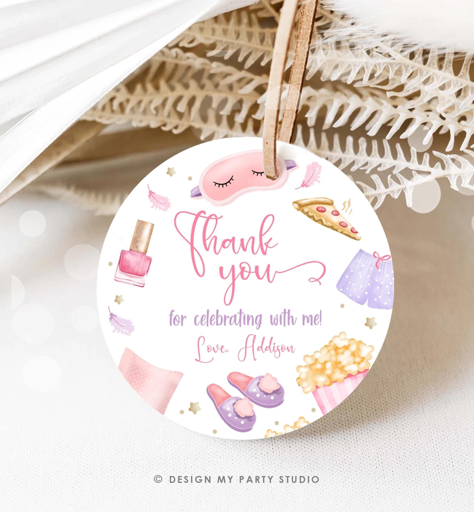 Editable Slumber Party Thank You Tag Sleepover Favor Tags Pink Girl Movie Night Teen Popcorn Pajamas Labels Digital Template Printable 0447