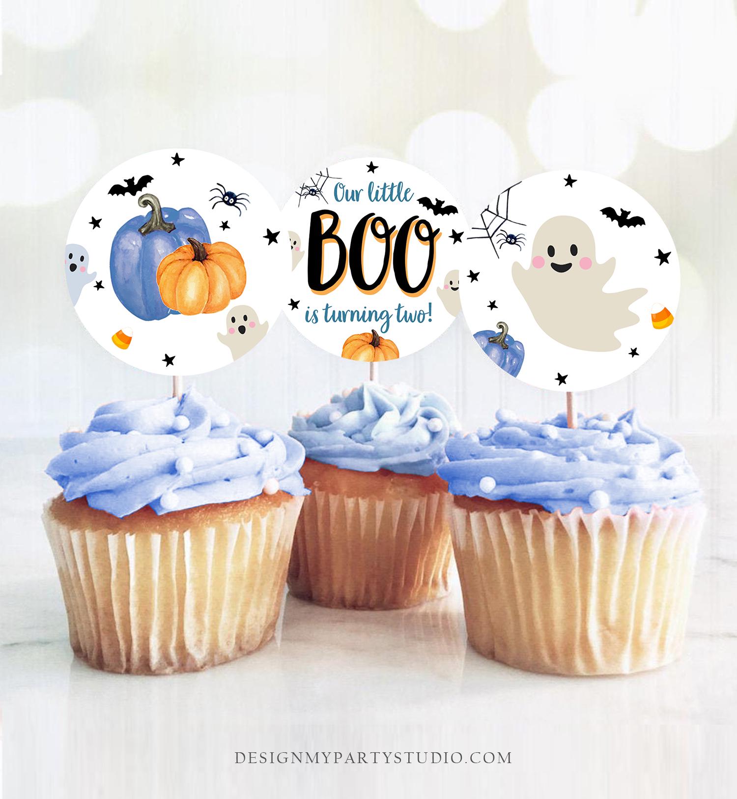 Little Boo is Turning Two Birthday Cupcake Toppers Halloween Ghost Favor Tags Party Second 2nd Birthday Boy Blue Digital Printable 0418