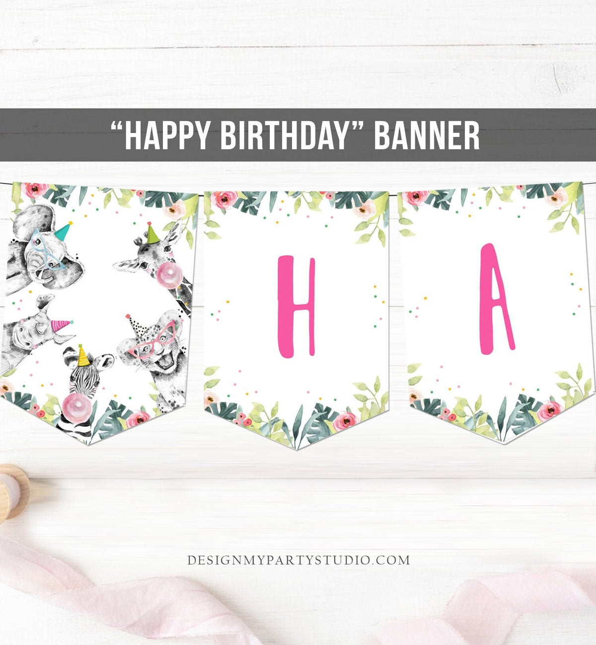 Happy Birthday Banner Safari Animals Pink Party Animals Wild One Birthday Girl Zoo Decorations Instant Digital Download Printable 0322