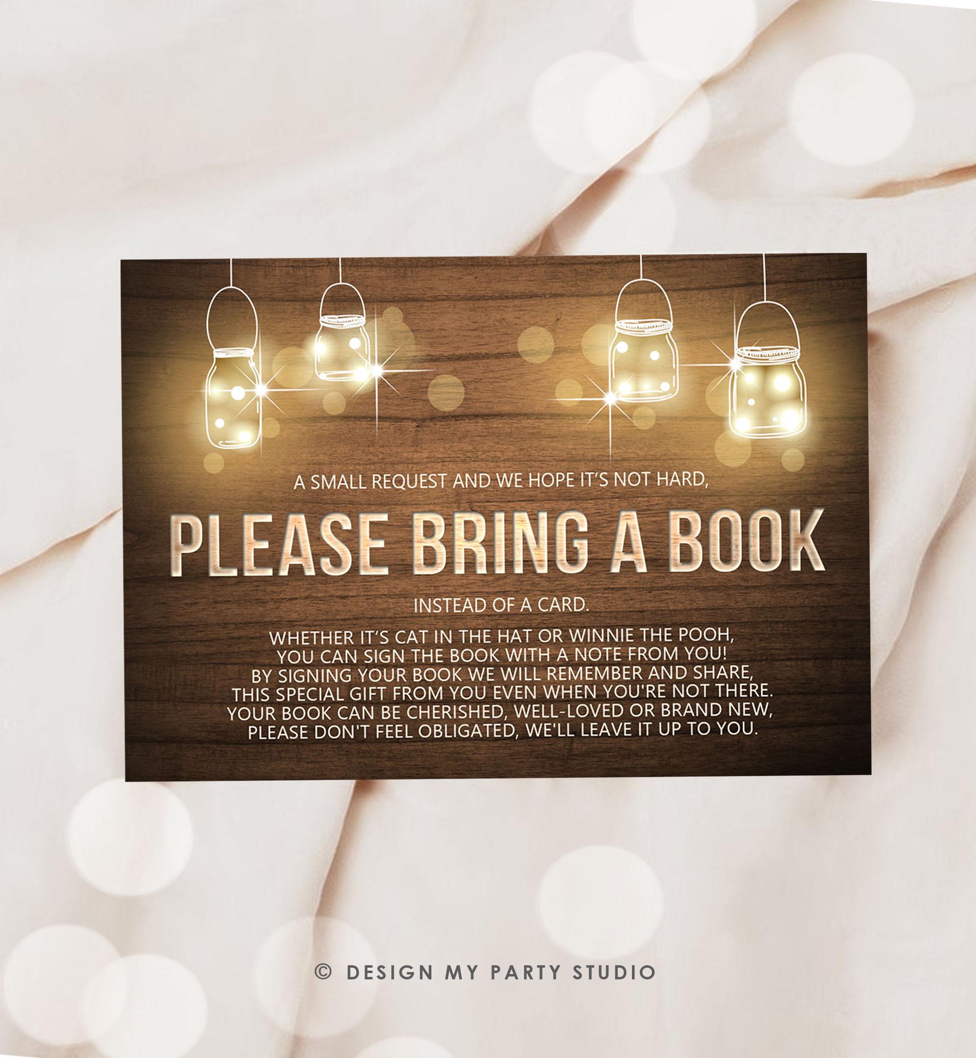 Bring a Book Card Baby Shower String Lights Rustic Shower Wood Book Insert Books for Baby Note Request Digital Download Printable 0015