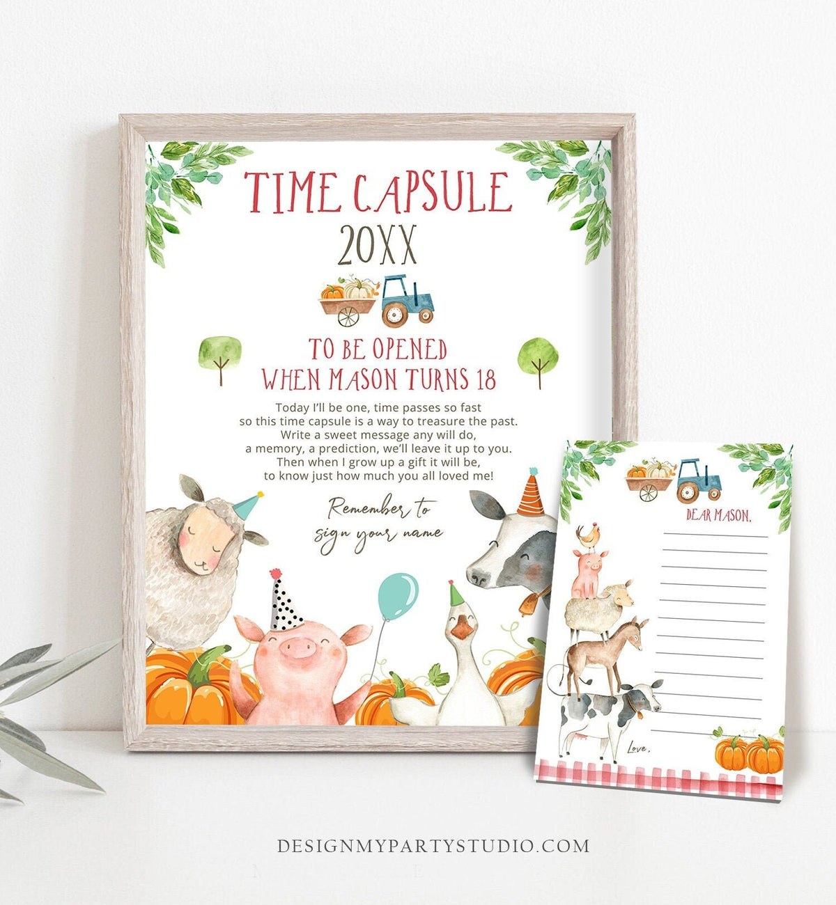 Editable Farm Animals Birthday Time Capsule First Birthday Pumpkin Fall Autumn Party Animals Barnyard Boy Digital Template Printable 0155