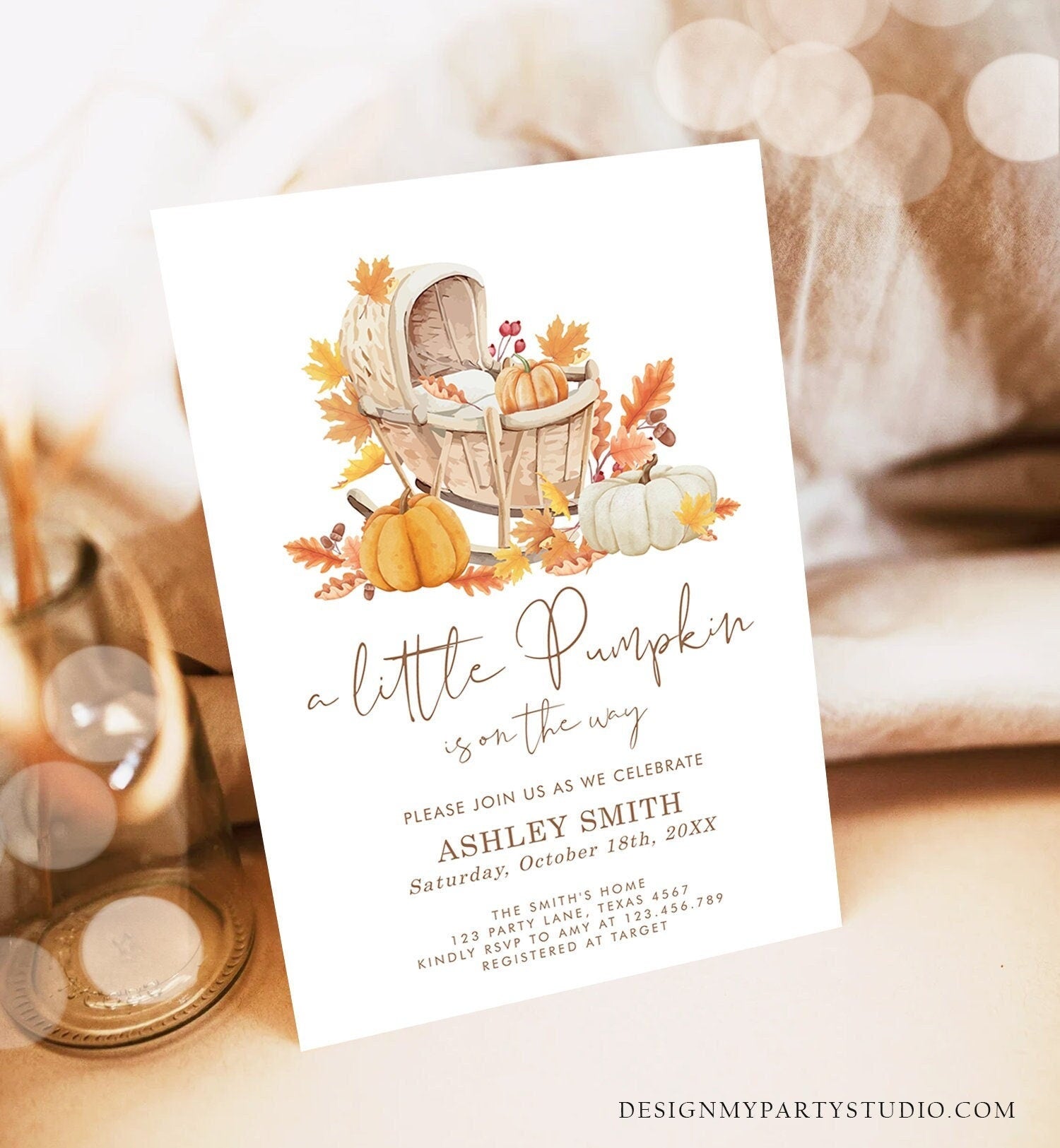 Editable Little Pumpkin Baby Shower Invitation Falling in Love Baby Shower Gender Neutral Autumn Floral Crib Digital Template Printable 0487