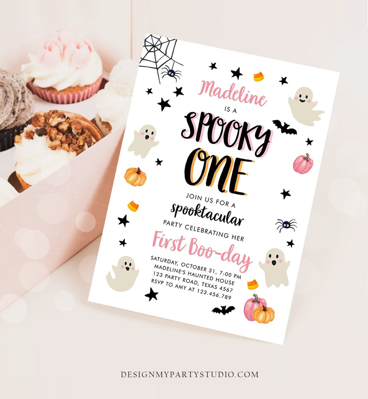 Editable Halloween 1st Birthday Invitation Pink Ghost Costume Party Girl Pink Kids Spooky One First Digital Download Template Printable 0418