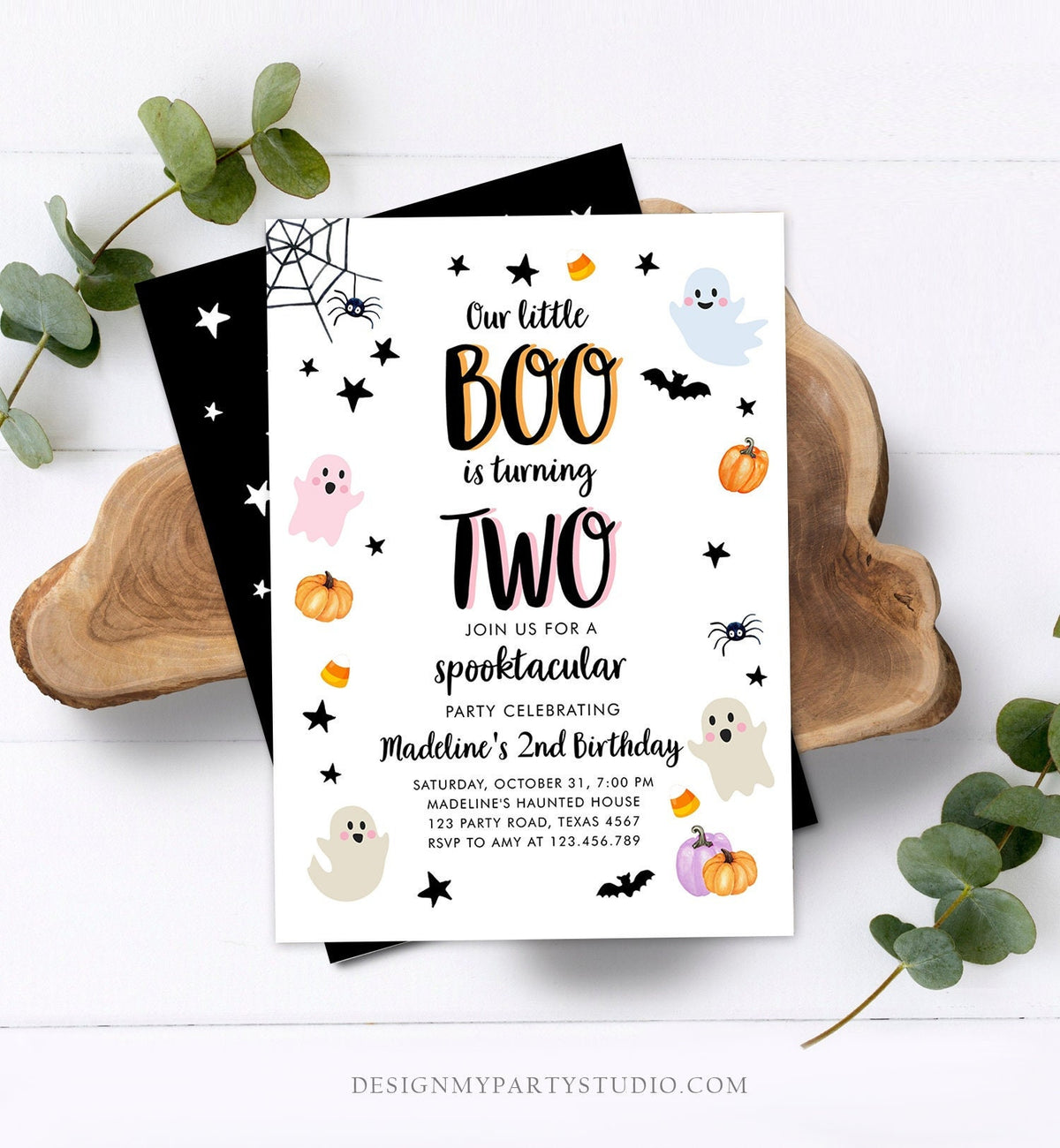 Editable Halloween 2nd Birthday Invitation Pink Ghost Costume Party Pastel Boo Spooktacular Spooky Digital Download Template Printable 0418