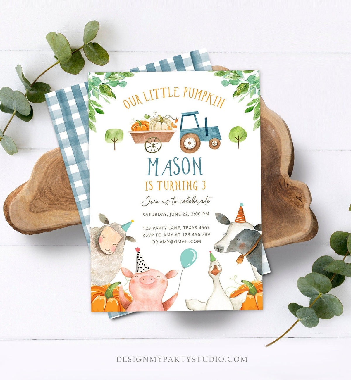 Editable Farm Birthday Invitation Pumpkin Boy Farm Animals Boy Barnyard Fall Party Animals Digital Download Evite Template Printable 0155