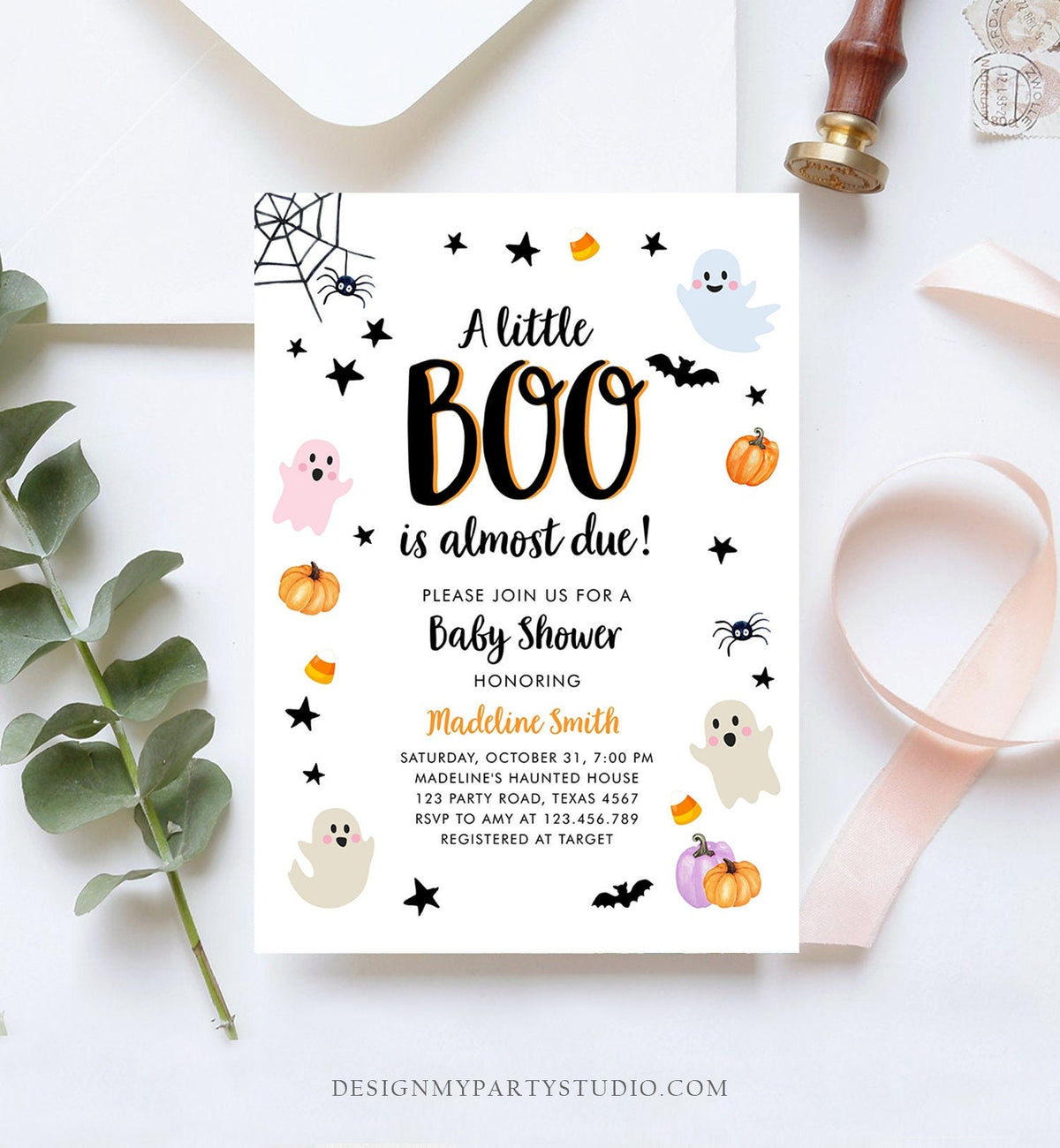 Editable Boo Baby Shower Invitation Cute Halloween Baby Shower Costume Party Pastel Ghost Neutral Digital Evite Template Printable 0418