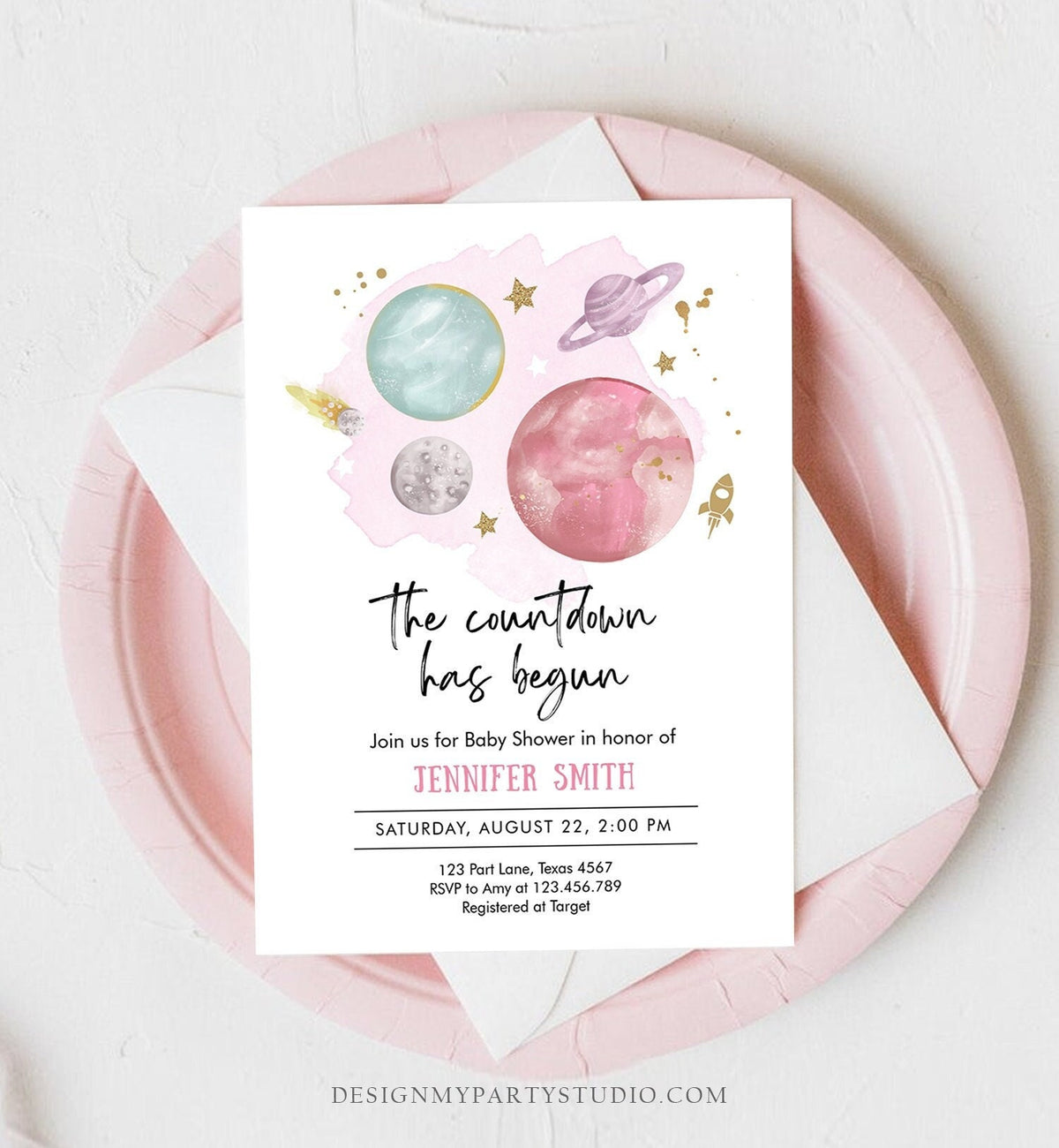 Editable Space Baby Shower Invitation Galaxy Outer Space It&#39;s a Girl Pink Planets Moon Countdown Digital Download Template Printable 0357