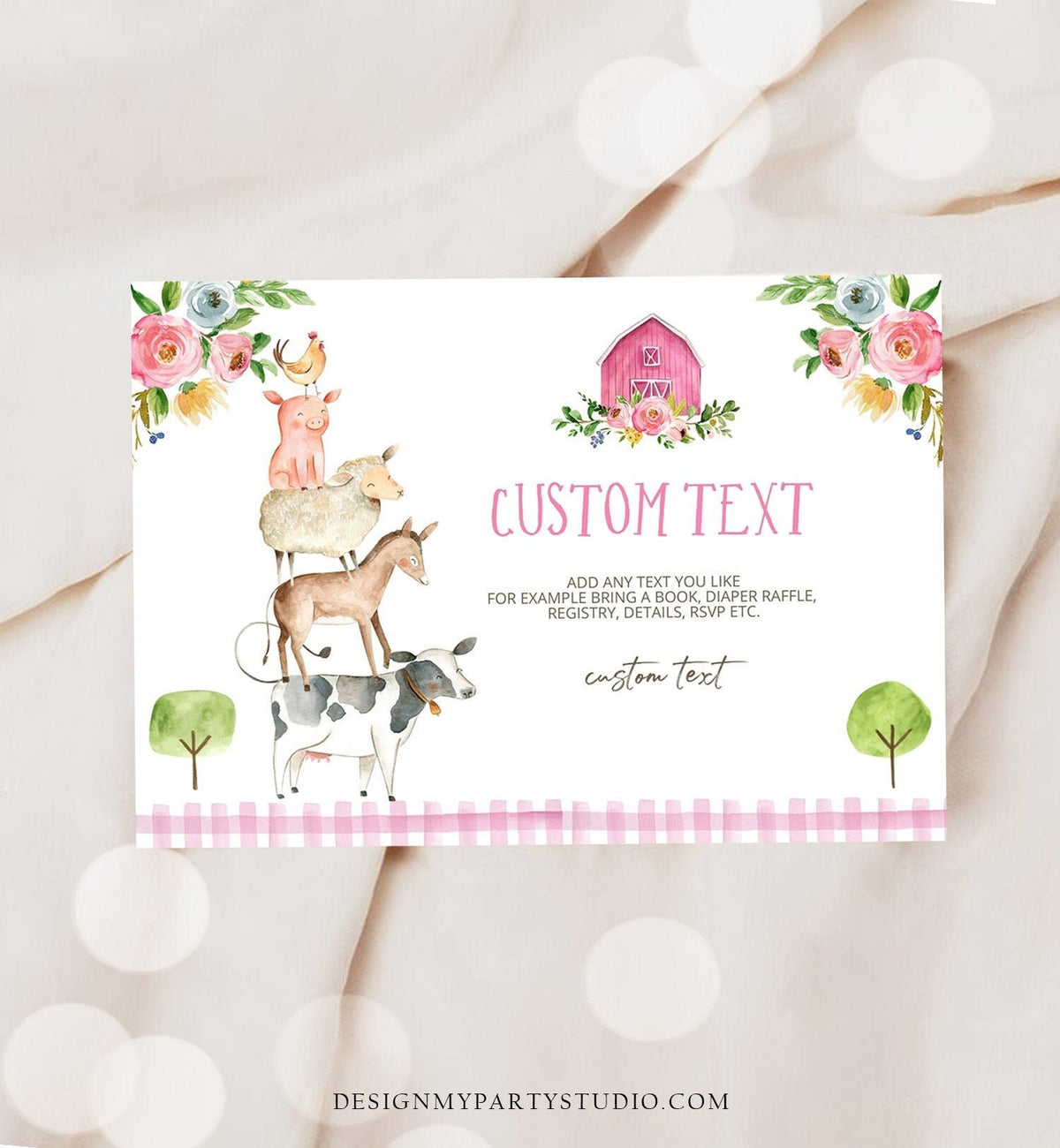 Editable Note Card Farm Birthday Girl Farm Animals Insert Card Barnyard Baby Shower Enclosure Card Digital Download Template Printable 0155