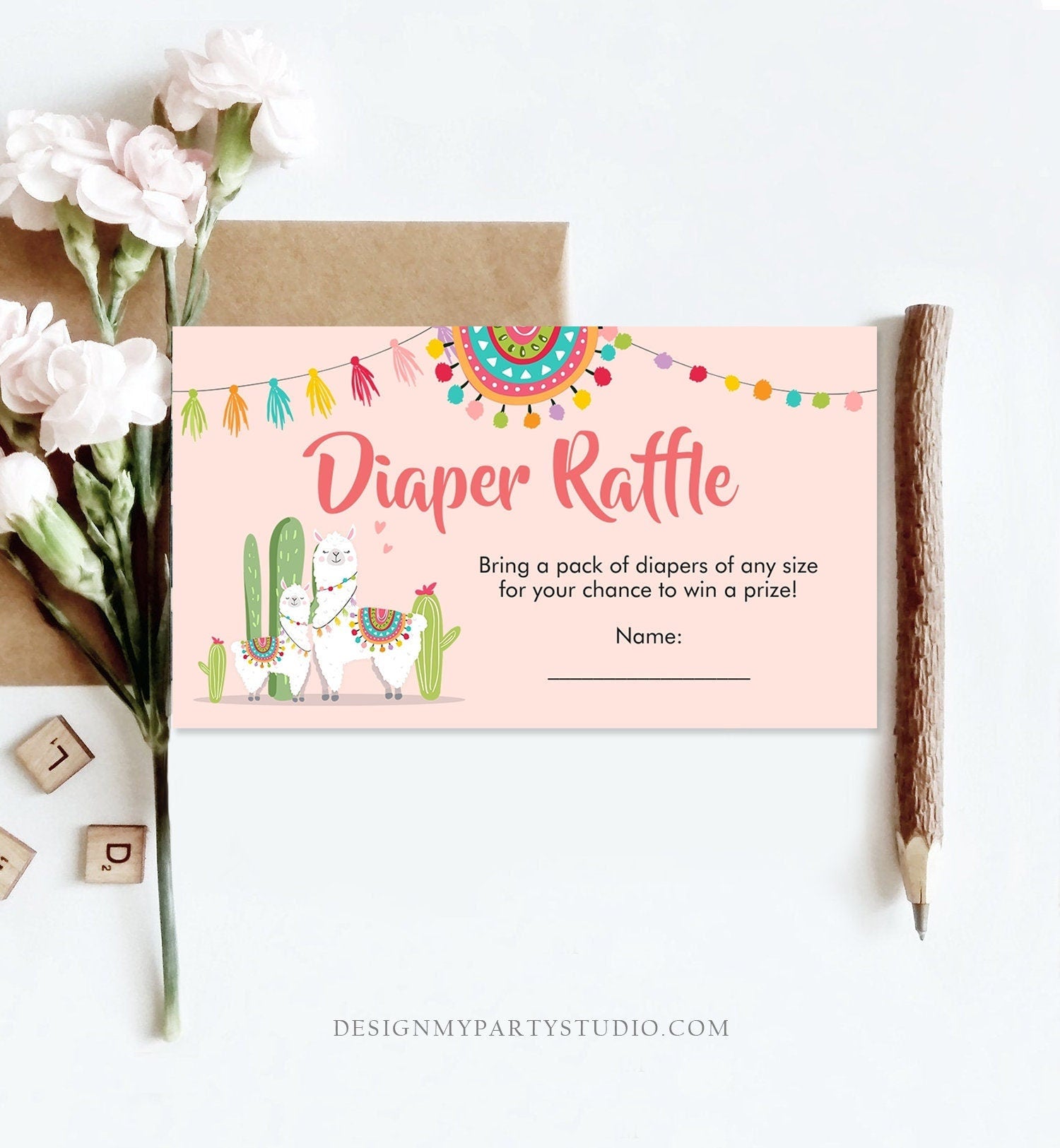 Editable Llama Diaper Raffle Card Fiesta Baby Shower Pink Girl Insert Card Diaper Ticket Game Succulent Mexican Digital Printable 0079