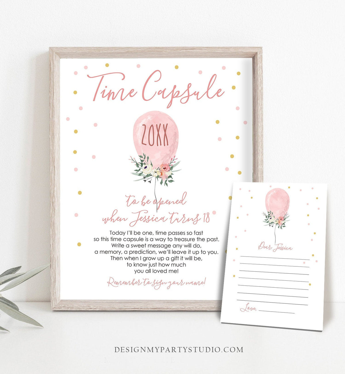 Editable Time Capsule First Birthday Girl Floral Balloon Pink Gold Girl 1st Birthday Guestbook Confetti Digital Template Printable 0221