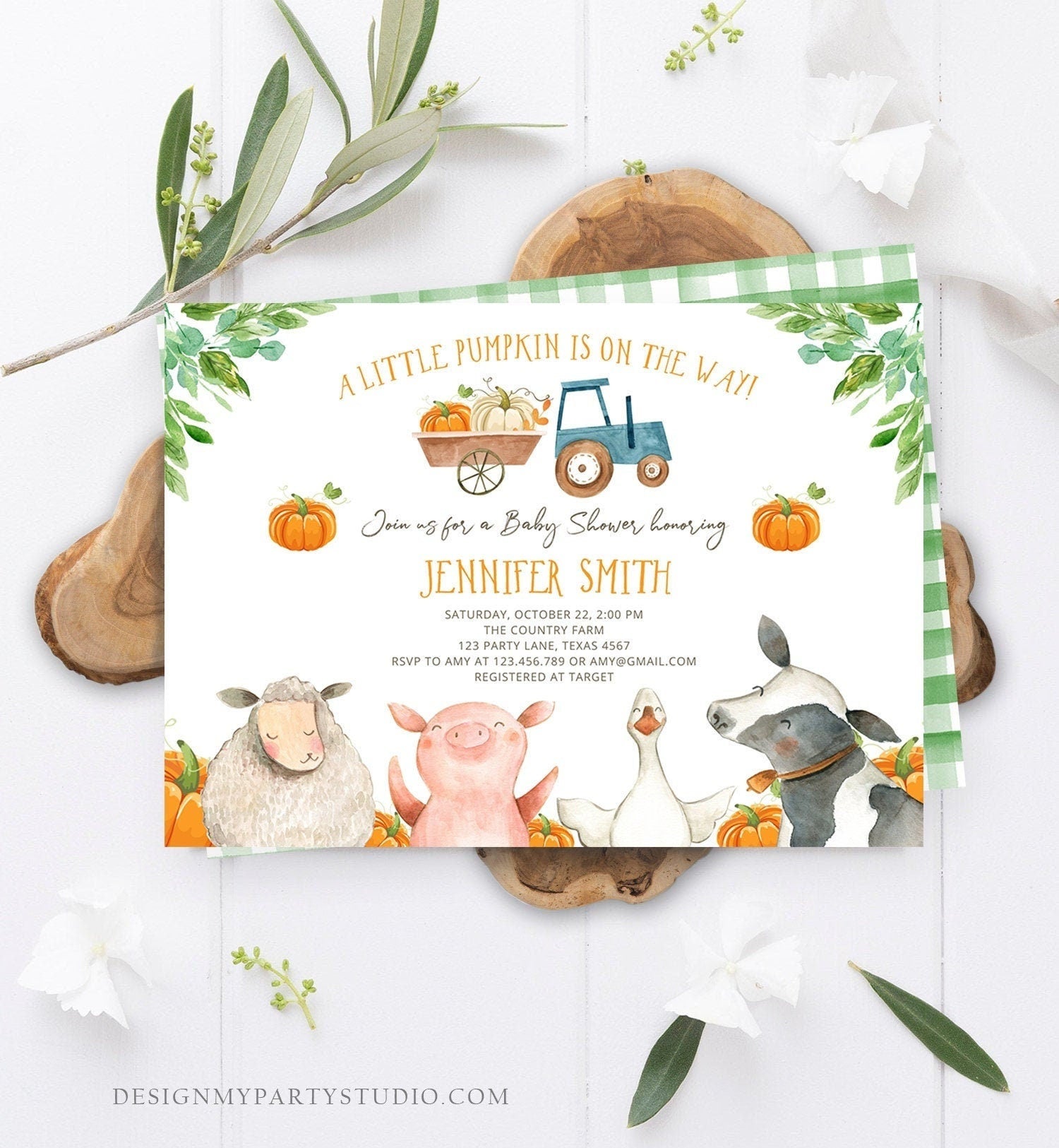 Editable Farm Baby Shower Invitation Pumpkin Gender Neutral Boy Farm Animals Barnyard Fall Digital Download Evite Template Printable 0155