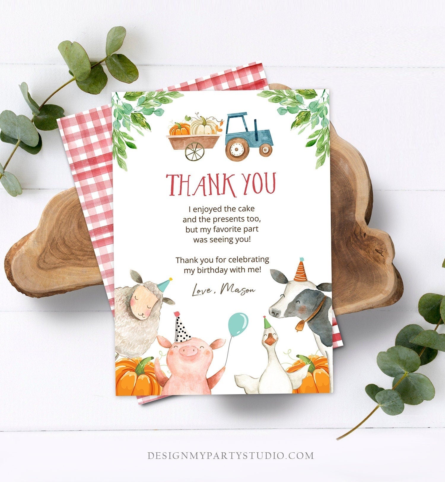 Editable Farm Animals Thank You Card Pumpkin Boy Red Gingham Farm Birthday Barnyard Thank You Fall Autumn Digital Template Printable 0155