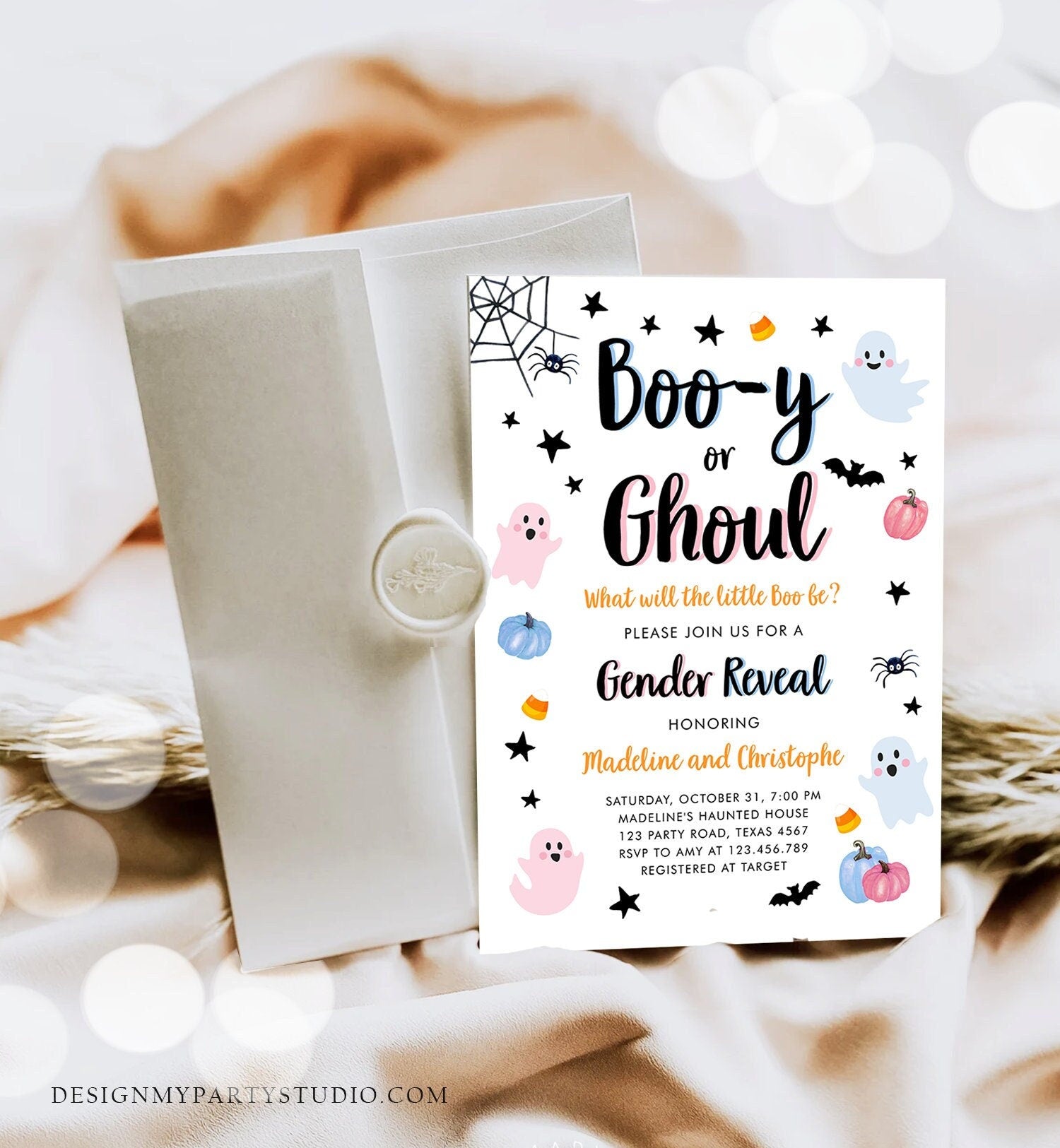 Editable Halloween Gender Reveal Invitation Little Boo Ghost Boo-y Ghoul Pink Blue Ghost Halloween Reveal Digital Template Printable 0418