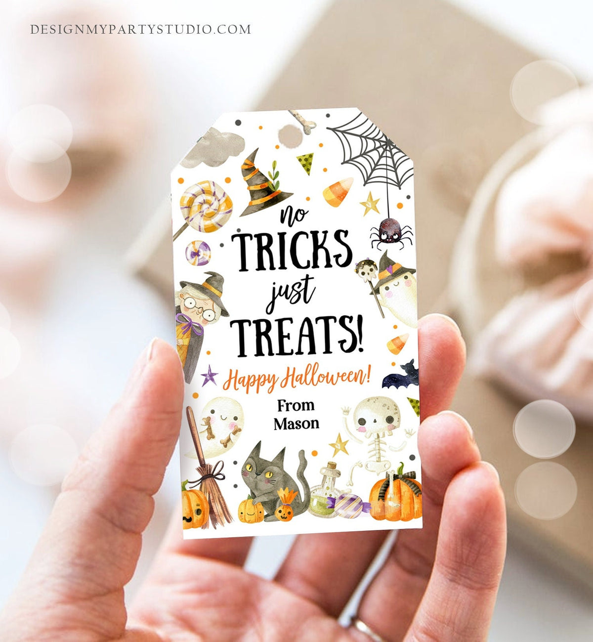 Editable Halloween Gift Tag No Tricks Just Treats Halloween Treat Tag Trick Or Treat Favor Tags Kids Download Template Printable 0261 0475