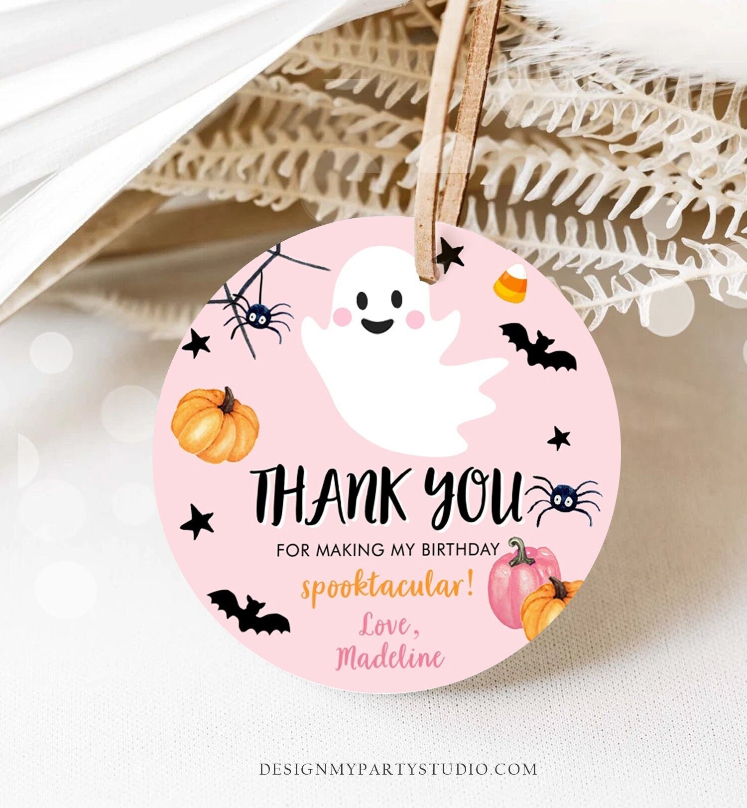 Editable Halloween Birthday Thank You Favor Tag Costume Party Girl Pink Spooktacular Ghost Stickers Digital Download Template Printable 0418