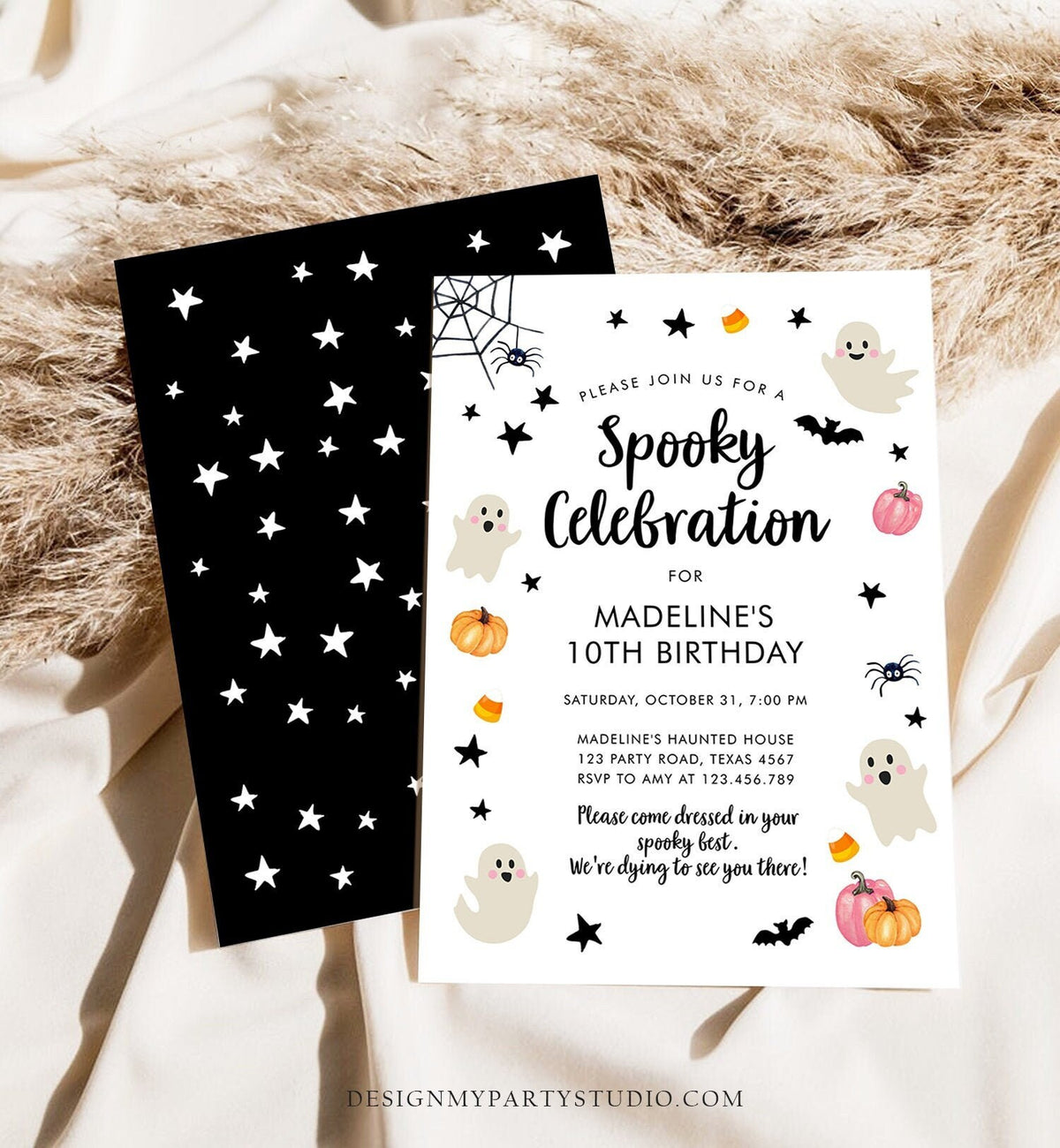 Editable Halloween Party Invitation Pink Ghost Costume Party Halloween Birthday Spooktacular Pink Digital Download Template Printable 0418