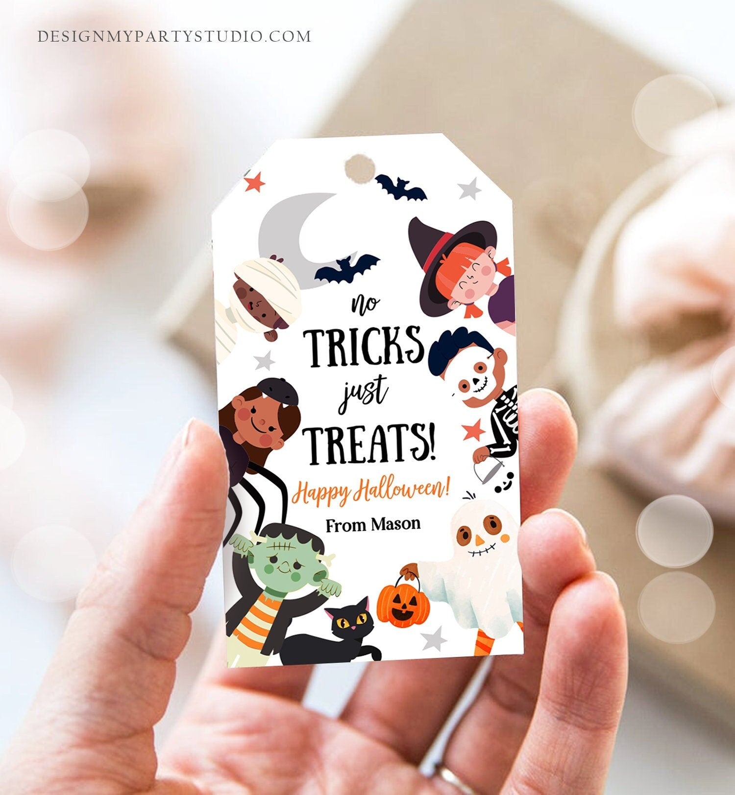 Editable Halloween Gift Tag No Tricks Just Treats Halloween Trick Or Treat Favor Tags Kids Digital Download Template Printable 0261 0473