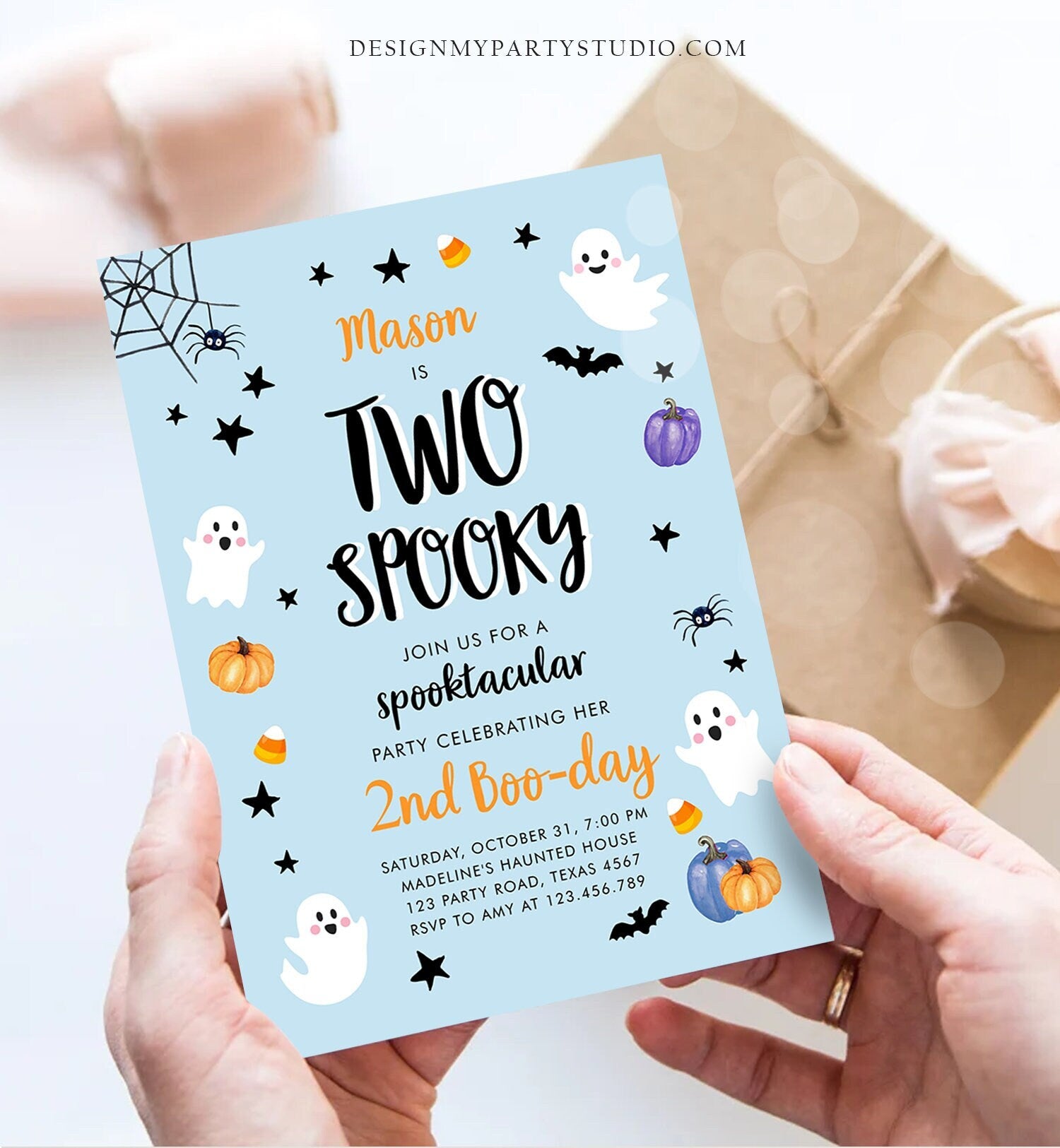 Editable Halloween Birthday Invitation 2nd Boy Blue Ghost Costume Party Kids Two Spooky Party Digital Download Evite Template Printable 0418