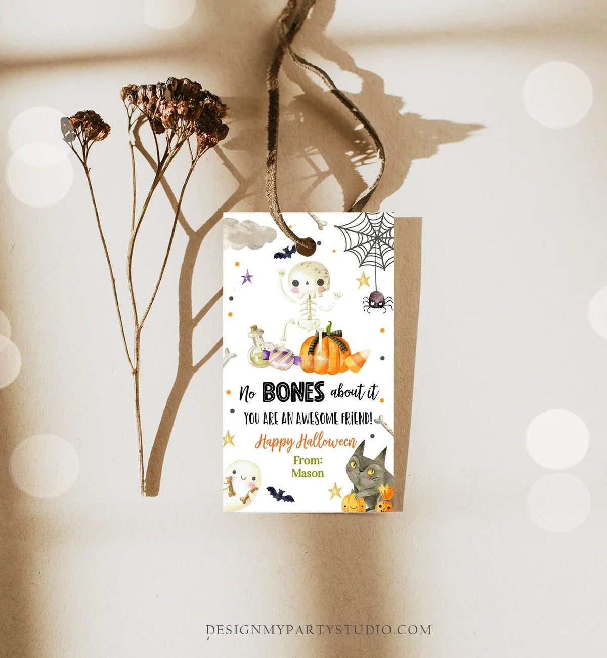 Editable Halloween Gift Tag Skeleton Gift Tags No Bones About It Friend School Treat Skull Favors Digital Download Template Printable 0261