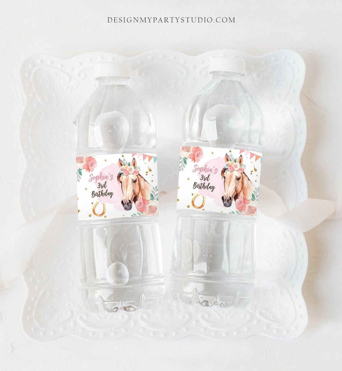 Editable Horse Water Bottle Labels Horse Birthday Decor Cowgirl Pony Party Saddle Up Floral Pink Digital Download Template Printable 0398