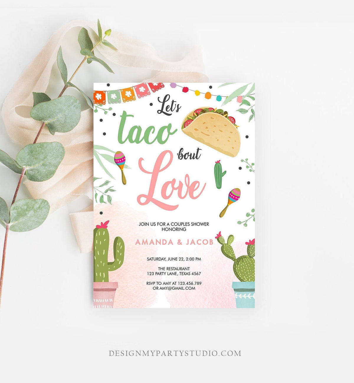 Editable Taco Bout Love Fiesta Couples Shower Invite Cactus Bridal Shower Taco Digital Download Evite Template Printable 0254