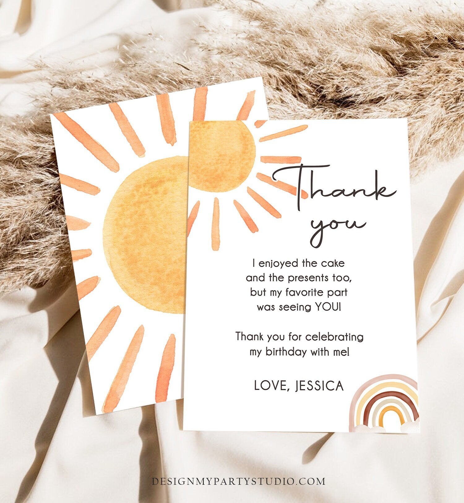 Editable Sun Thank You Card Sun Birthday Party Thank You Note Sunshine 1st Trip Around the Sun Digital Download Template Printable 0431