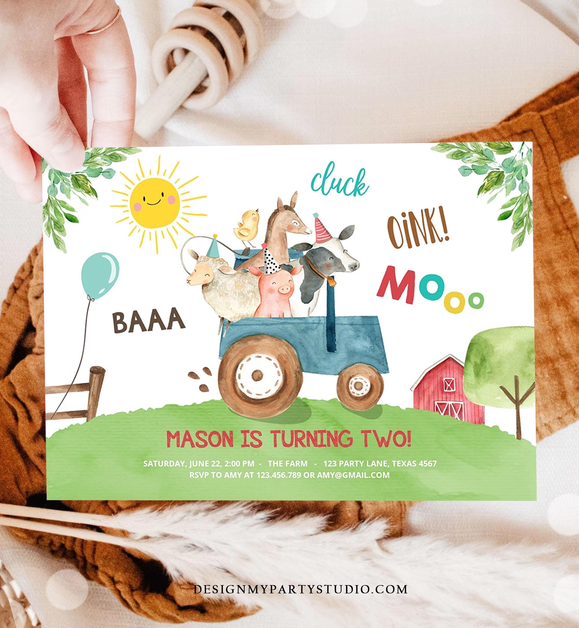 Editable Farm Birthday Invitation Boy Farm Animals Red Party Animals Barnyard Party Tractor Download Evite Template Digital Printable 0155