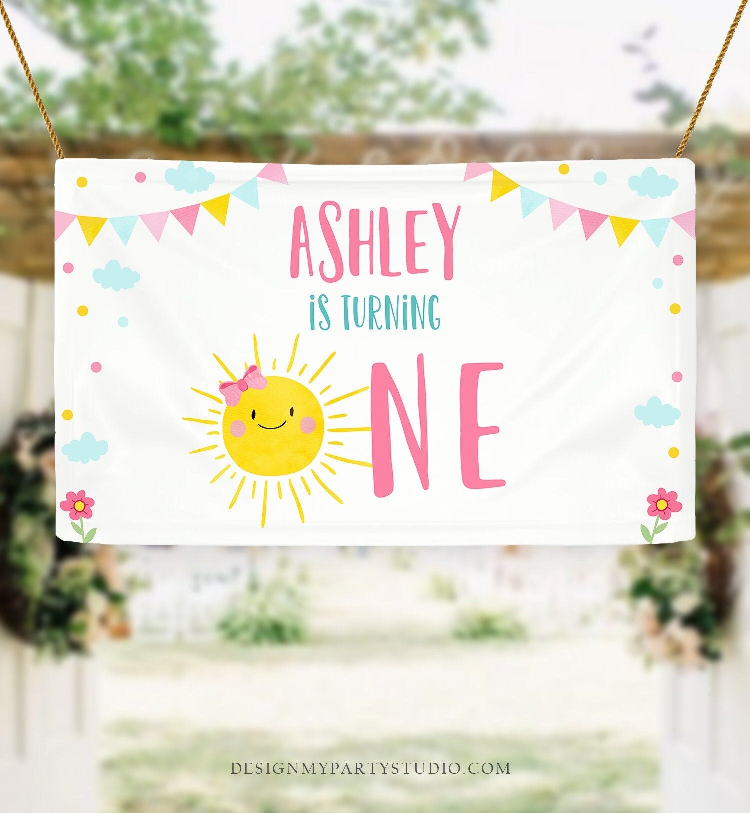 Editable Little Sunshine Birthday Backdrop Banner Pink Girl First Birthday Sign Welcome Sign Digital Download Template Printable 0141