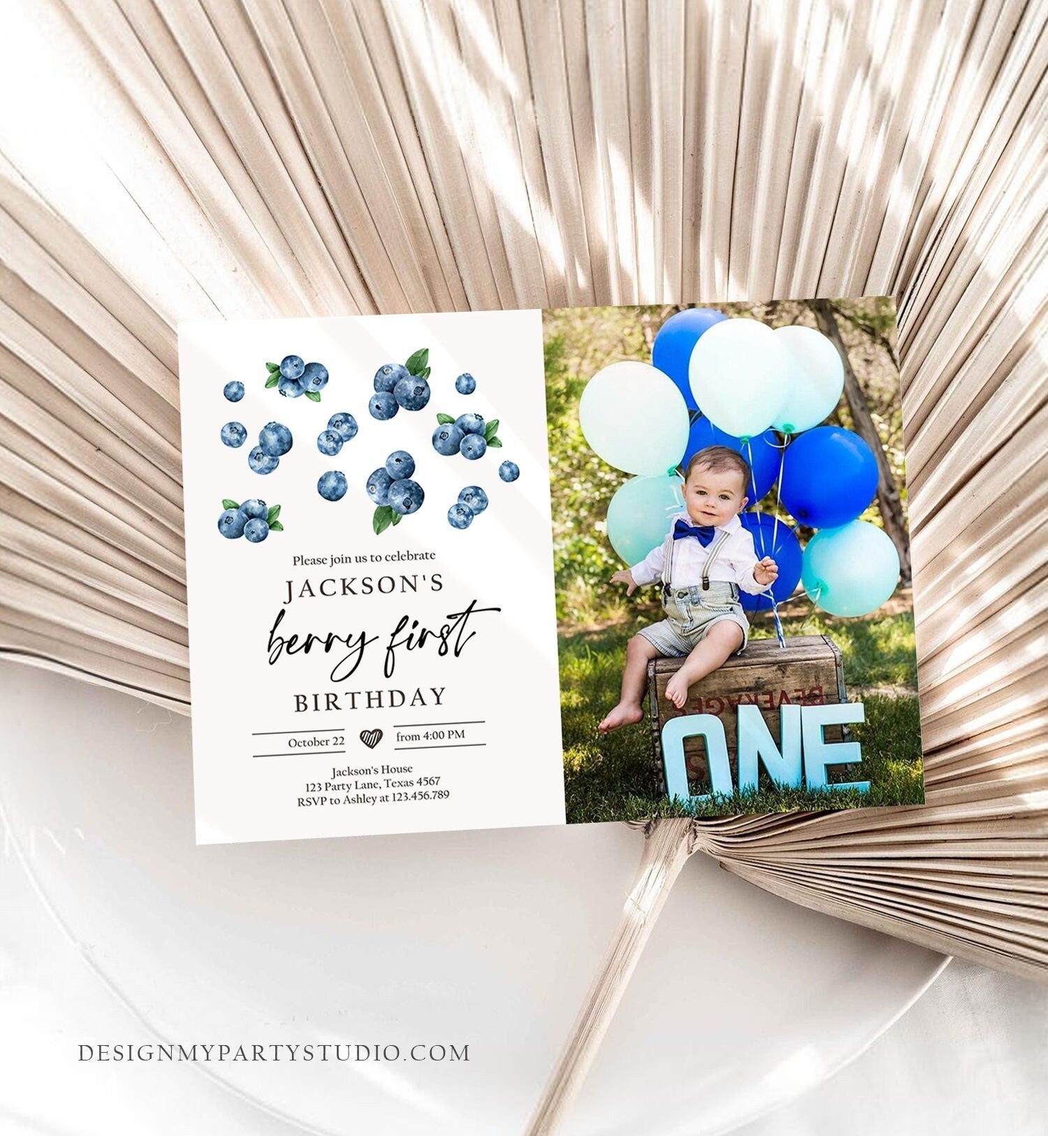 Editable Blueberry Birthday Invitation First Birthday Berry Sweet Boy Cute Blueberries 1st Digital Download Evite Template Printable 0399