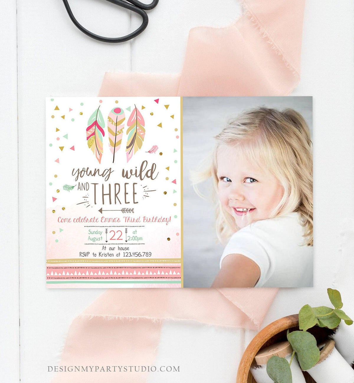 Editable Young Wild and Three Invitation Girl Pink and Gold 3rd Birthday Feathers Boho Digital Download Evite Template Printable 0073