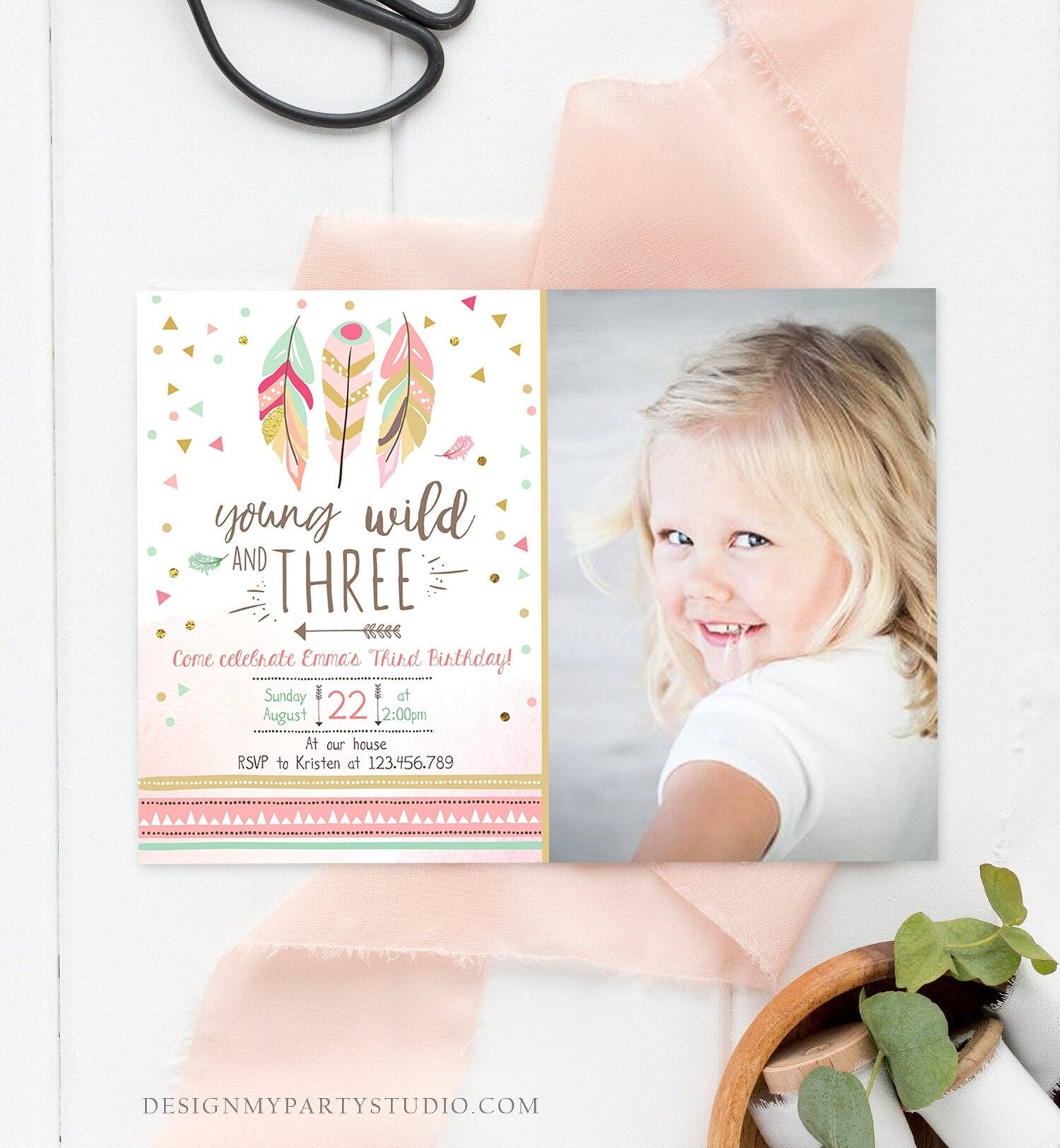 Editable Young Wild and Three Invitation Girl Pink and Gold 3rd Birthday Feathers Boho Digital Download Evite Template Printable 0073