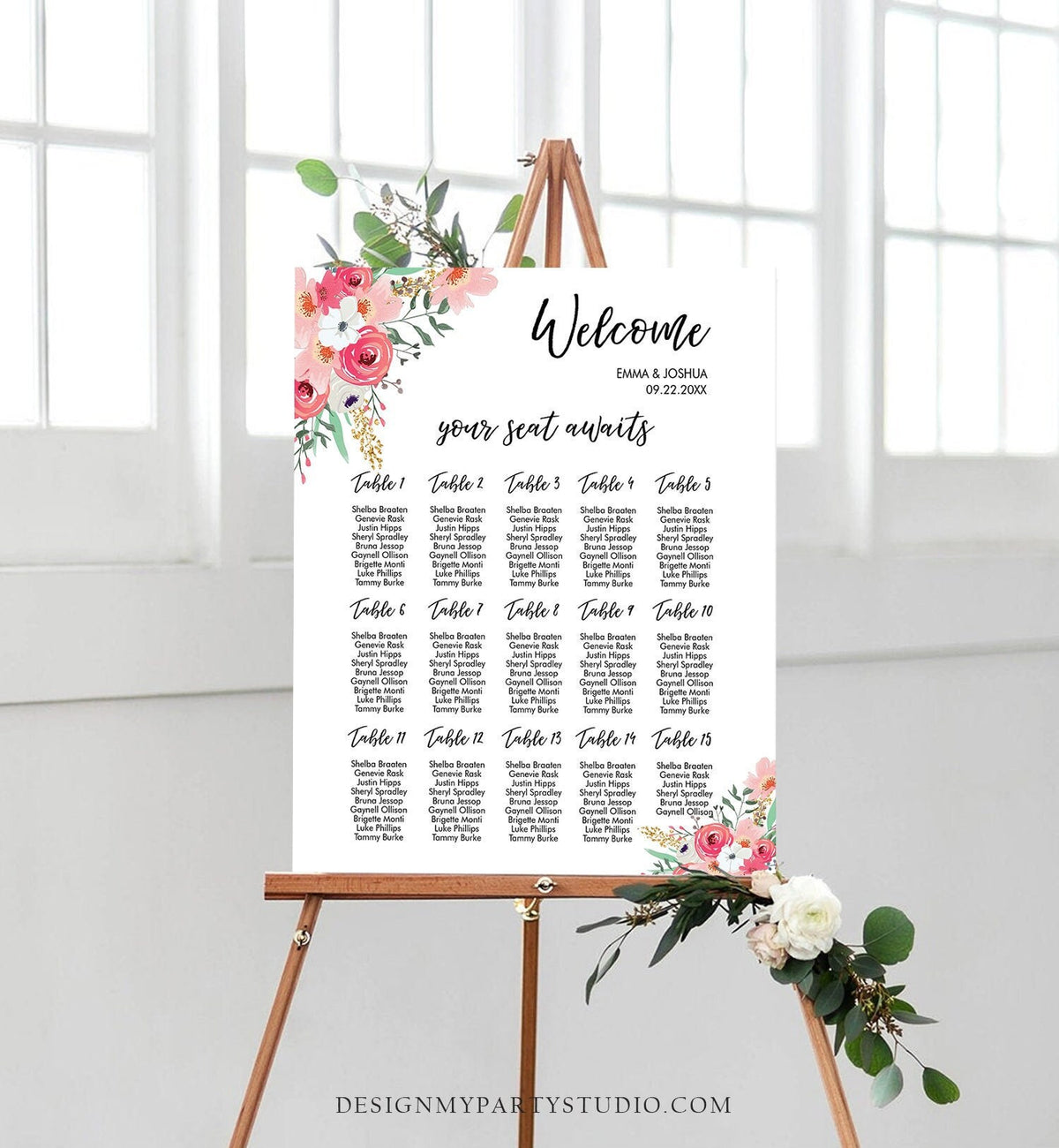 Editable Seating Chart Sign Wedding Seating Sign Bridal Shower Floral Table Pink Gold Digital Download Template Printable 0030 0318