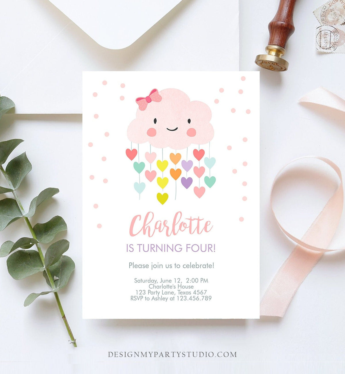 Editable Cloud Birthday Invitation Girls Raining Hearts Raindrop Rainbow Pink Cloud Digital Download Evite Template Printable 0036